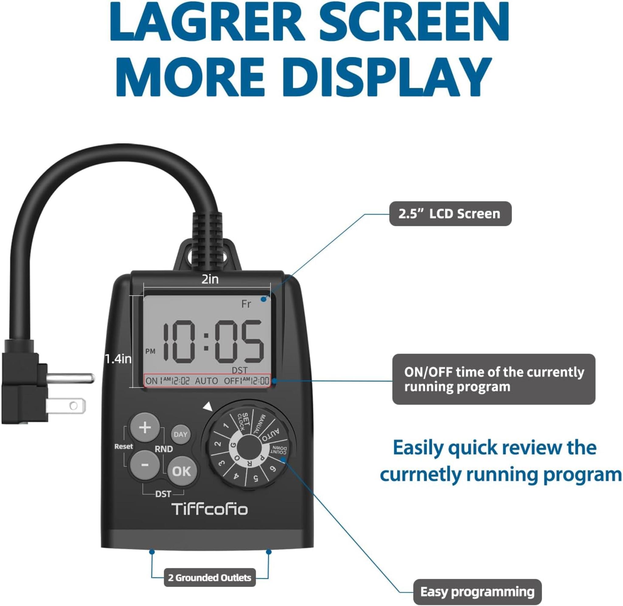 TiFFCOFiO New Digital Outdoor Timer Outlet, Dial Programmable Method, Outdoor Light Timer Waterproof