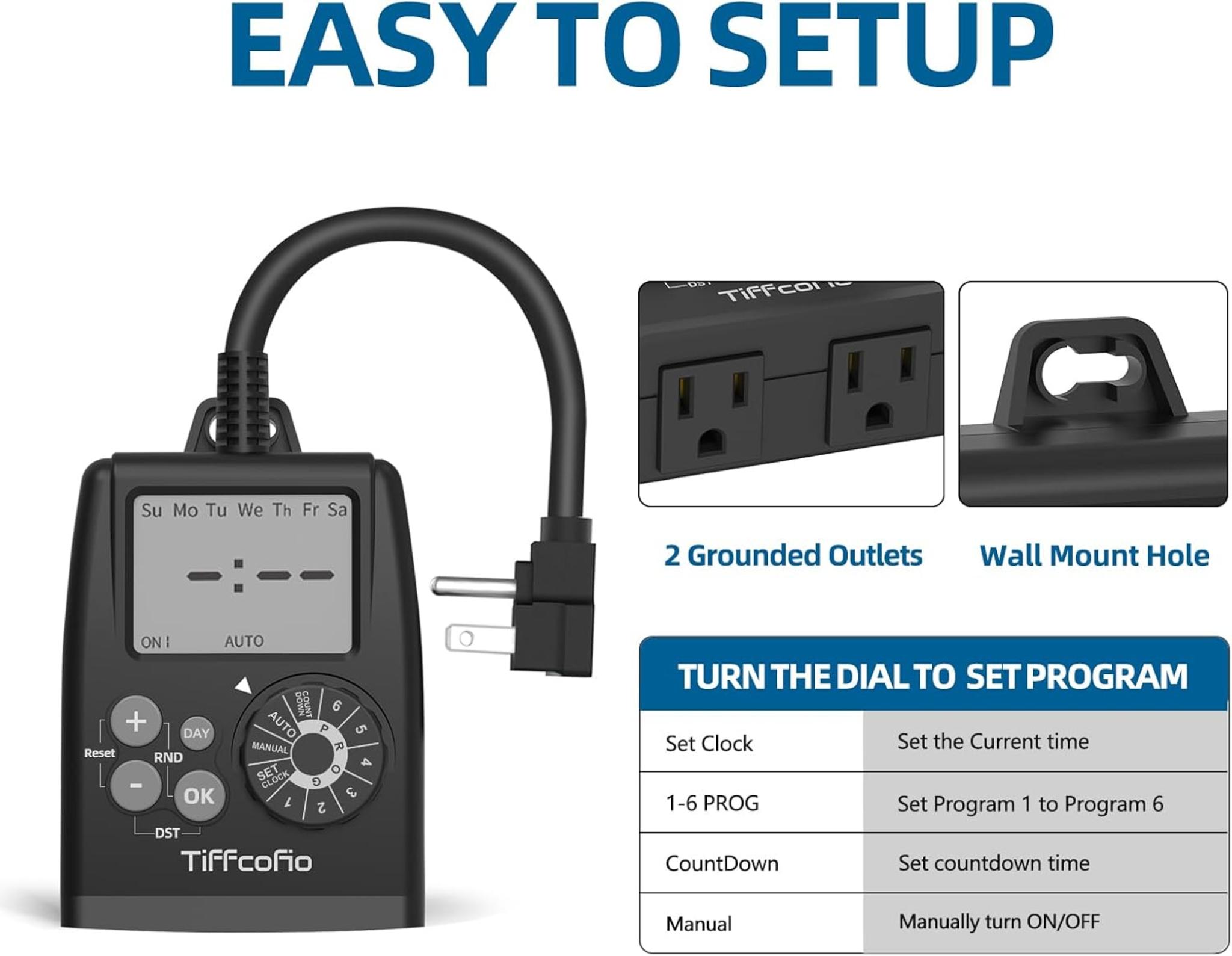 TiFFCOFiO New Digital Outdoor Timer Outlet, Dial Programmable Method, Outdoor Light Timer Waterproof