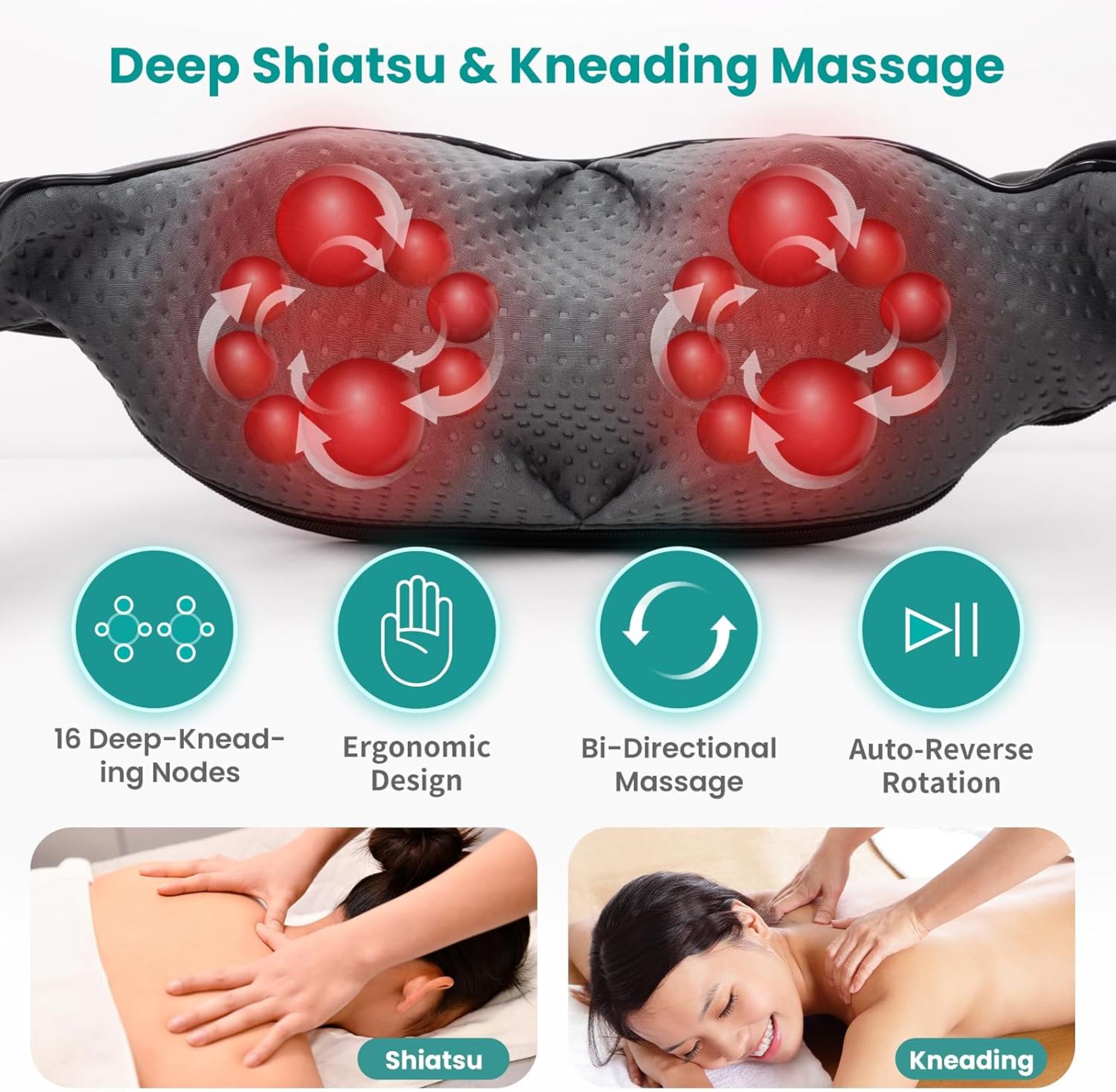 Shiatsu Neck Massager with Heat - 3D Kneading Deep Tissue Massage Pillow for Pain Relief