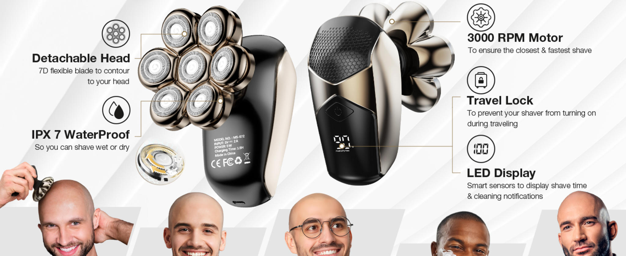 5-in-1 Electric Head Shaver: IPX7 Waterproof, Turbo Speed & LED Display image 7