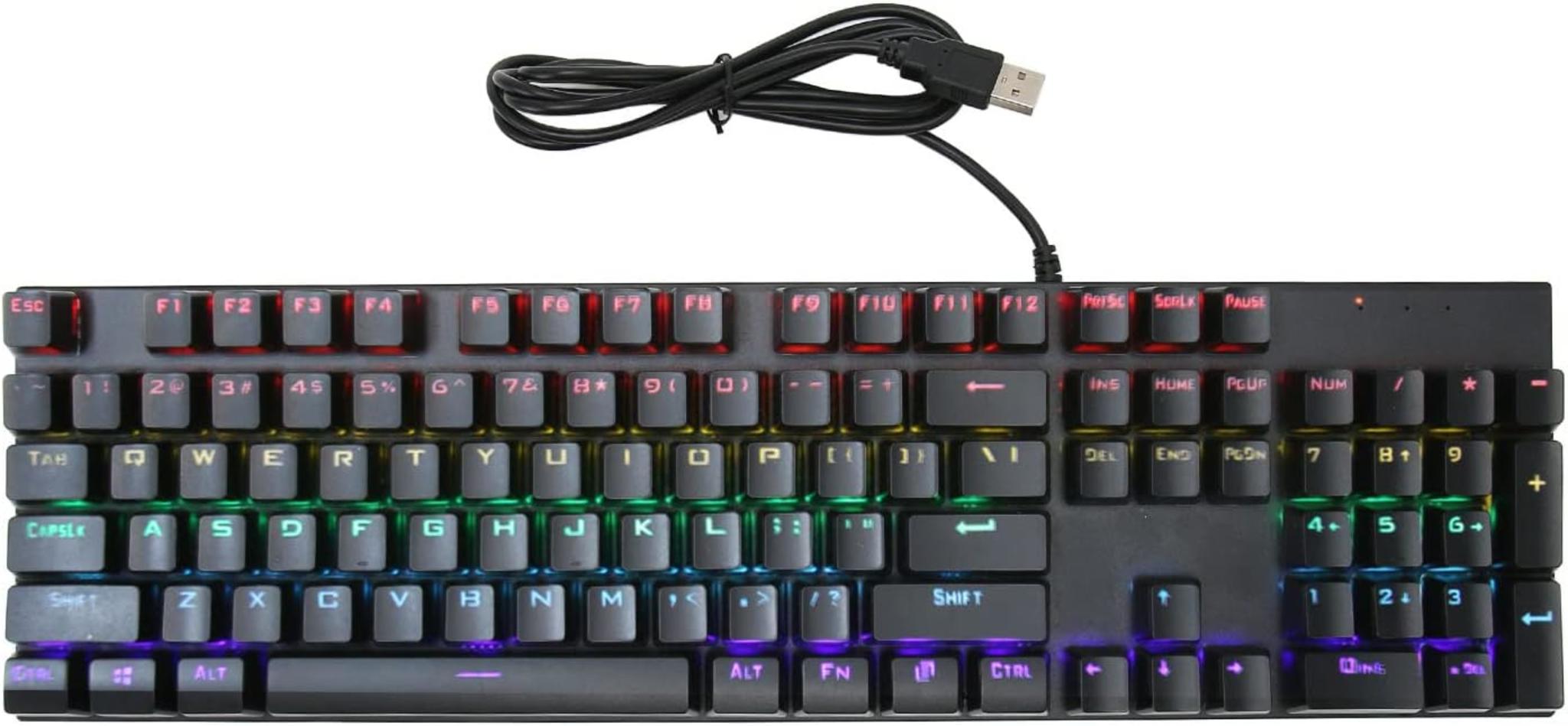 104-Key Blue Switch RGB Mechanical Keyboard with 28 Backlight Modes & Ergonomic Design