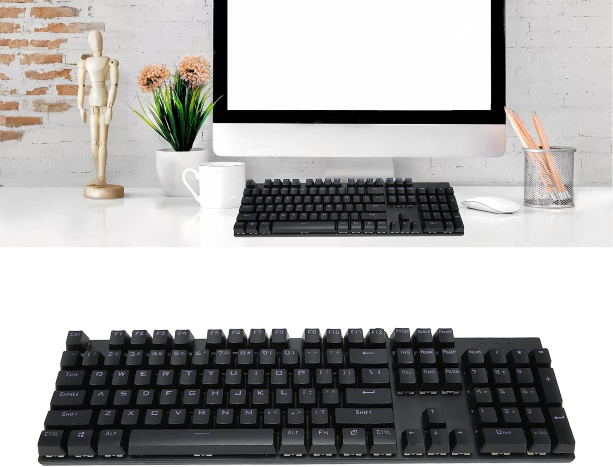 104-Key Blue Switch RGB Mechanical Keyboard with 28 Backlight Modes & Ergonomic Design