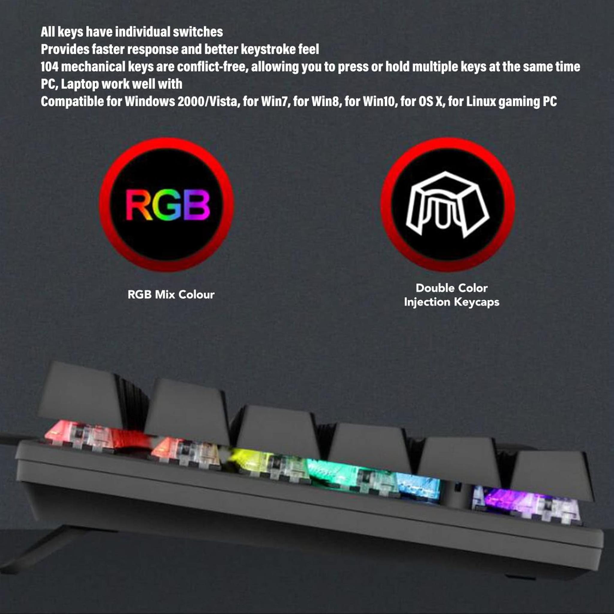 104-Key Blue Switch RGB Mechanical Keyboard with 28 Backlight Modes & Ergonomic Design