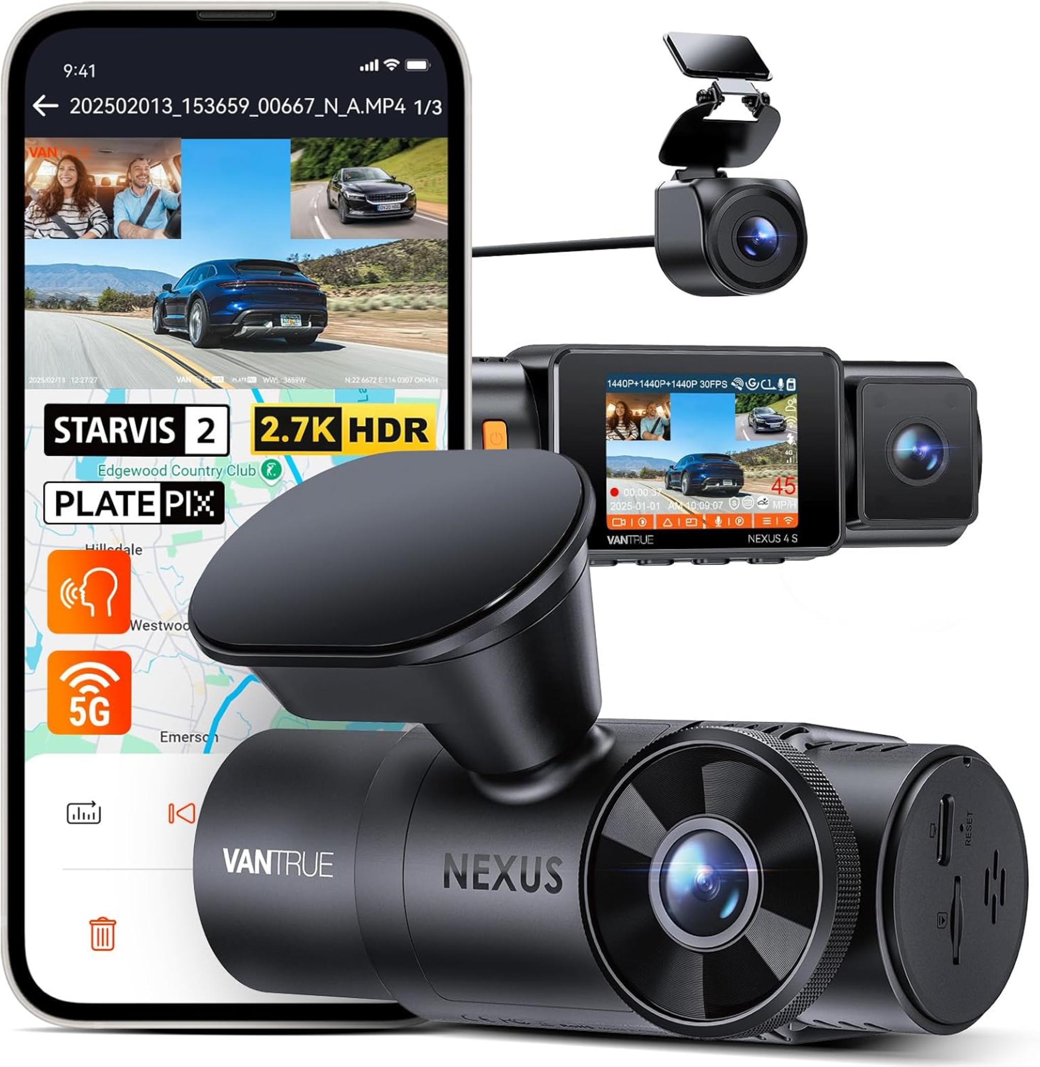 3-Channel Dash Cam with 2.7K Triple Lens, Night Vision & 24/7 Parking Mode