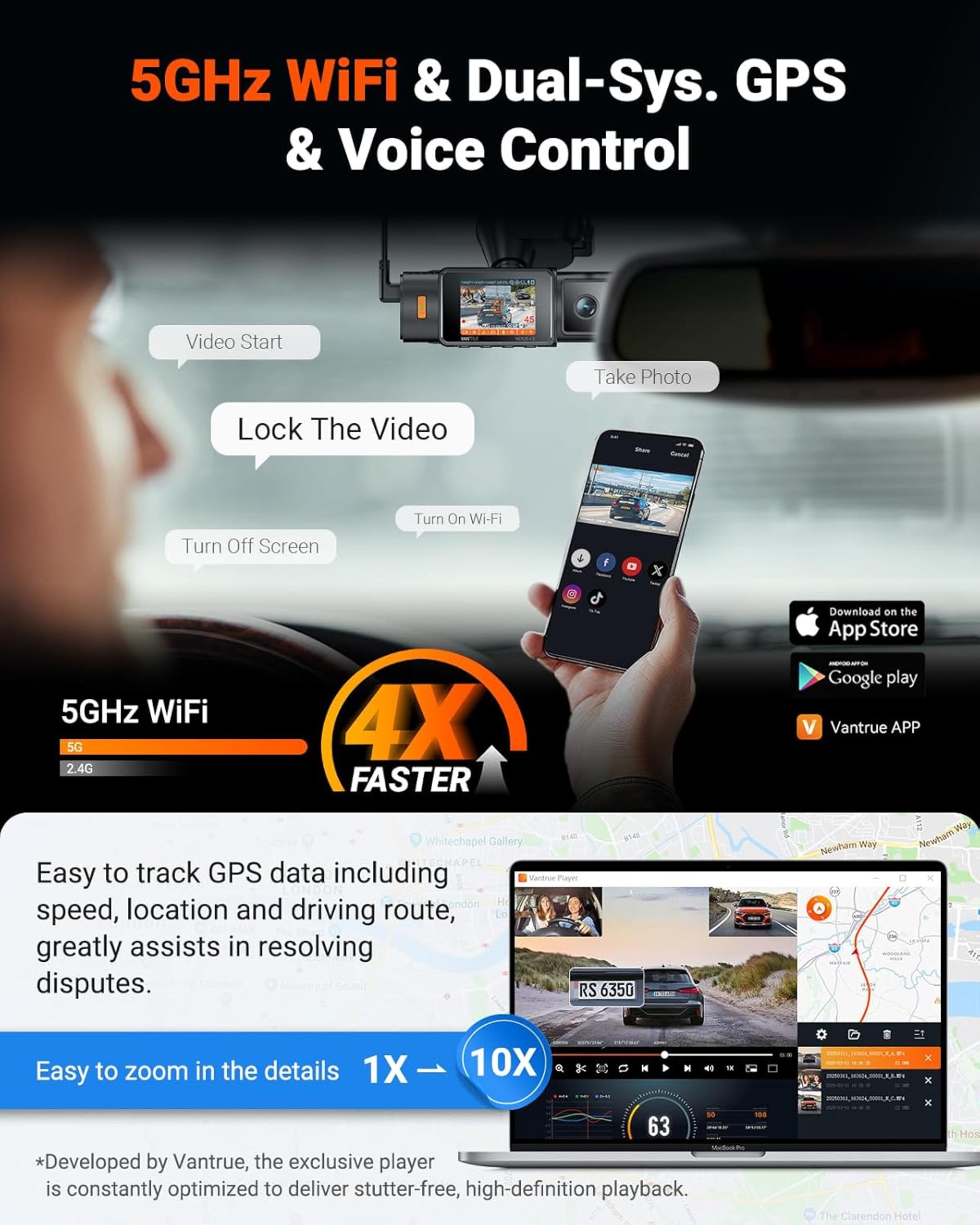 3-Channel Dash Cam with 2.7K Triple Lens, Night Vision & 24/7 Parking Mode