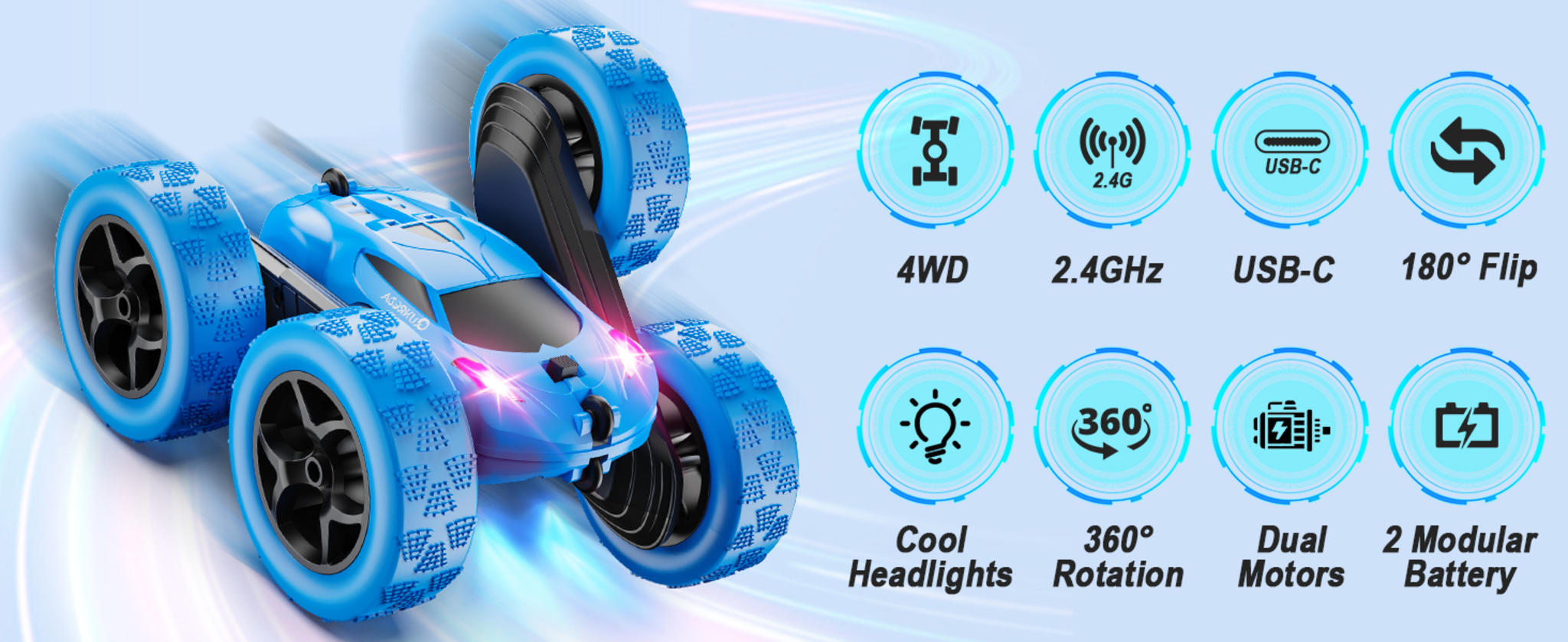 4WD Stunt RC Car with 360° Flips & LED Lights | 2.4GHz Remote | USB-C Modular Batteries | Gift for Kids 6-12 image 9