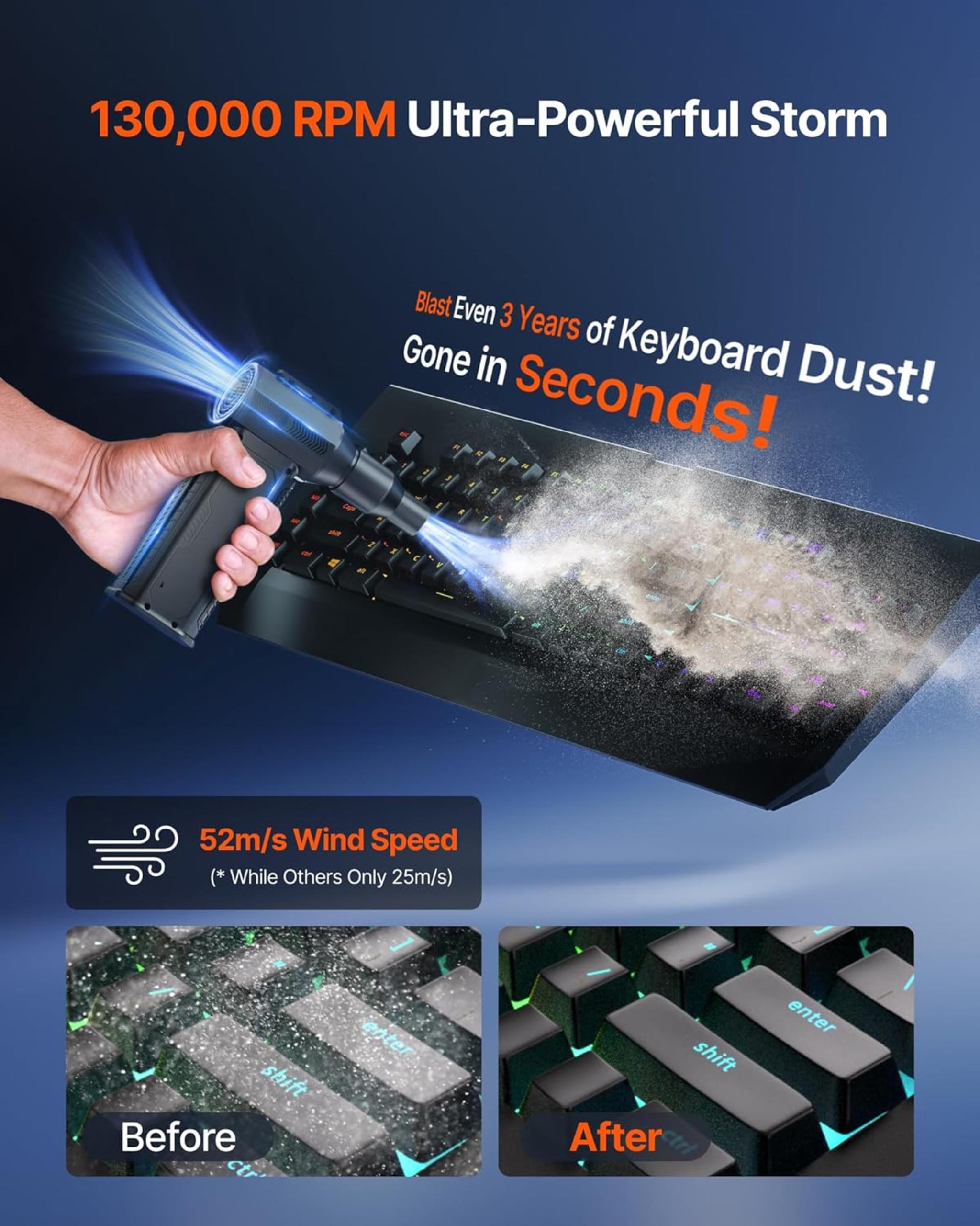 130K RPM Cordless Electric Air Duster with 8000mAh Battery & 4-Gear Adjustable Speeds