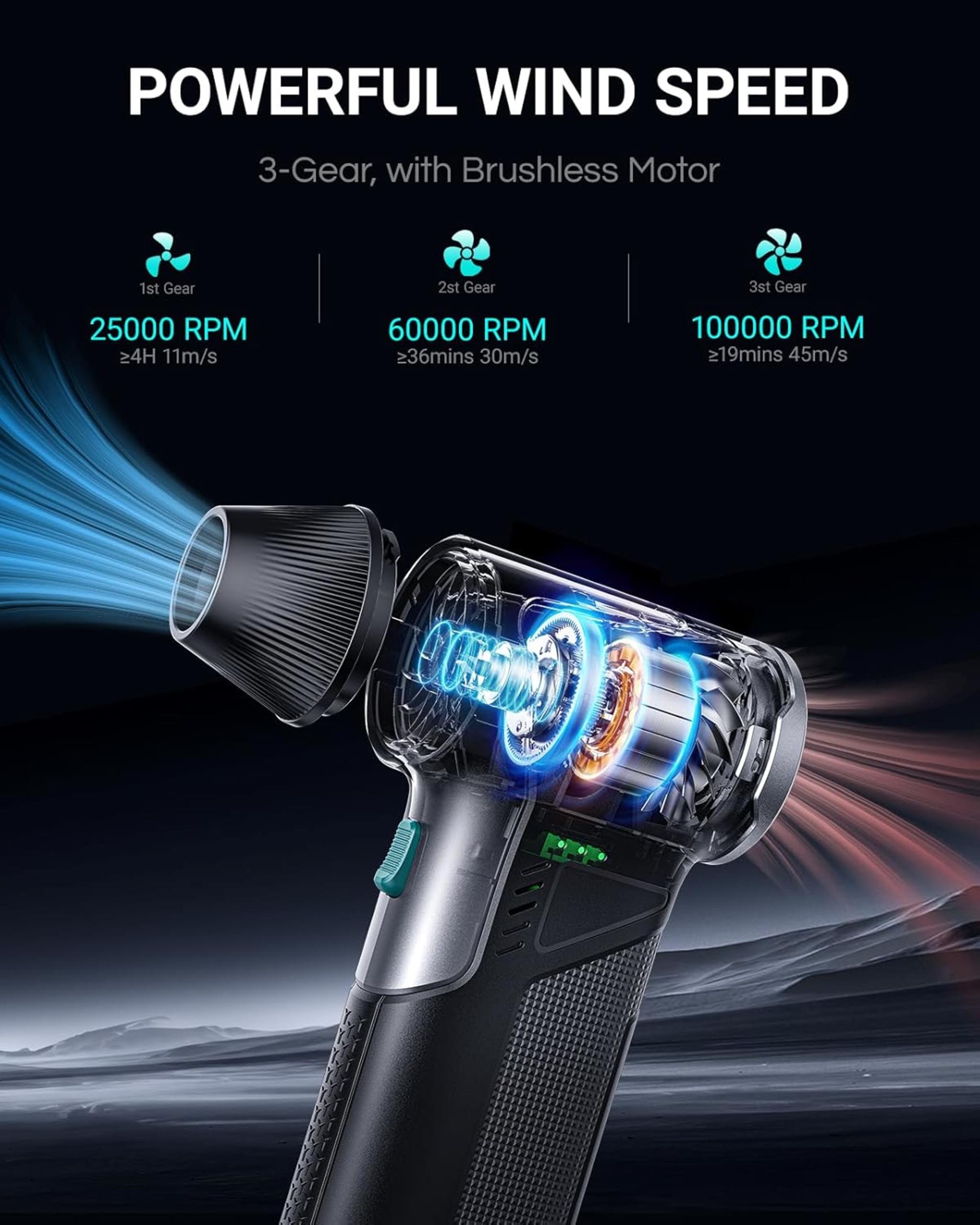 Professional-Grade Electric Air Duster: 110000RPM Turbo Fan & 3-Speed Control
