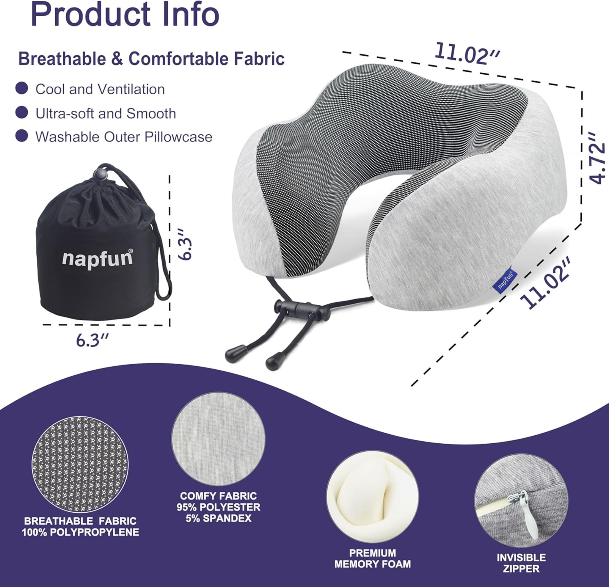 Ergonomic Travel Neck Pillow with Memory Foam & Portable Bag - Light Grey