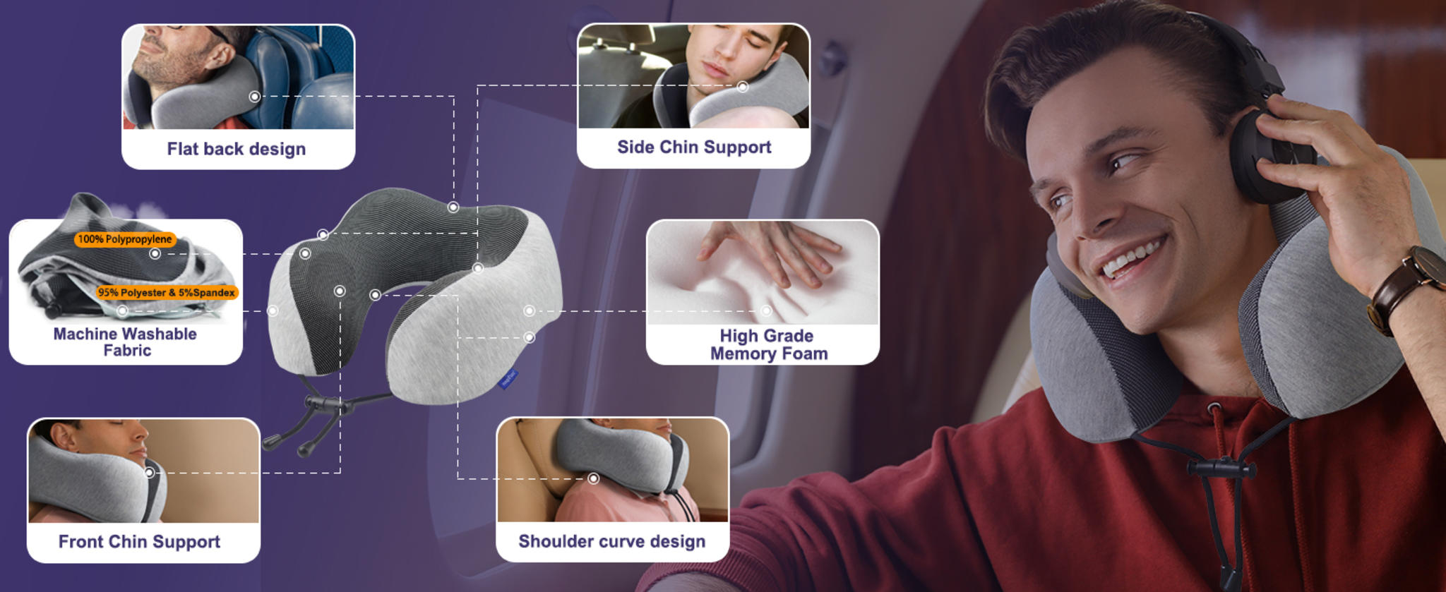 Ergonomic Travel Neck Pillow with Memory Foam & Portable Bag - Light Grey image 8