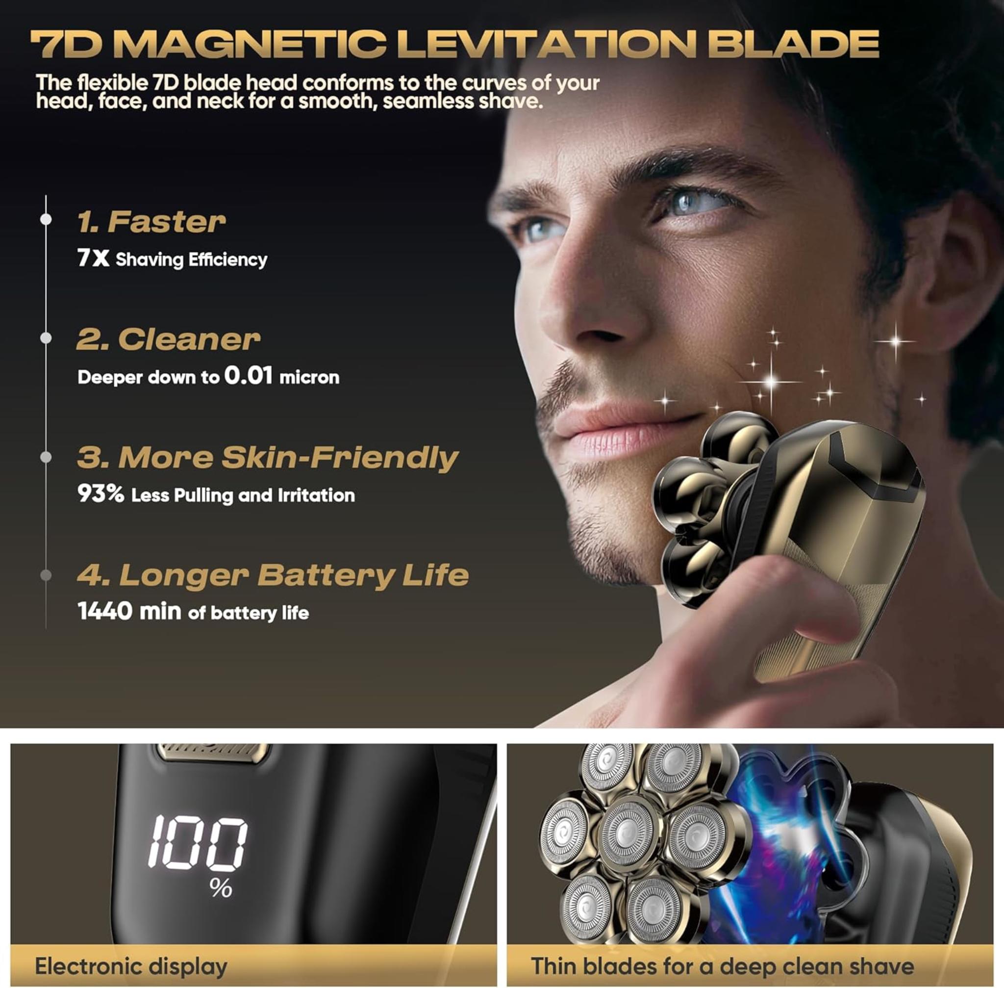 7D Magnetic Electric Shaver for Women & Men, Waterproof Bald Head Trimmer Kit with USB Charging