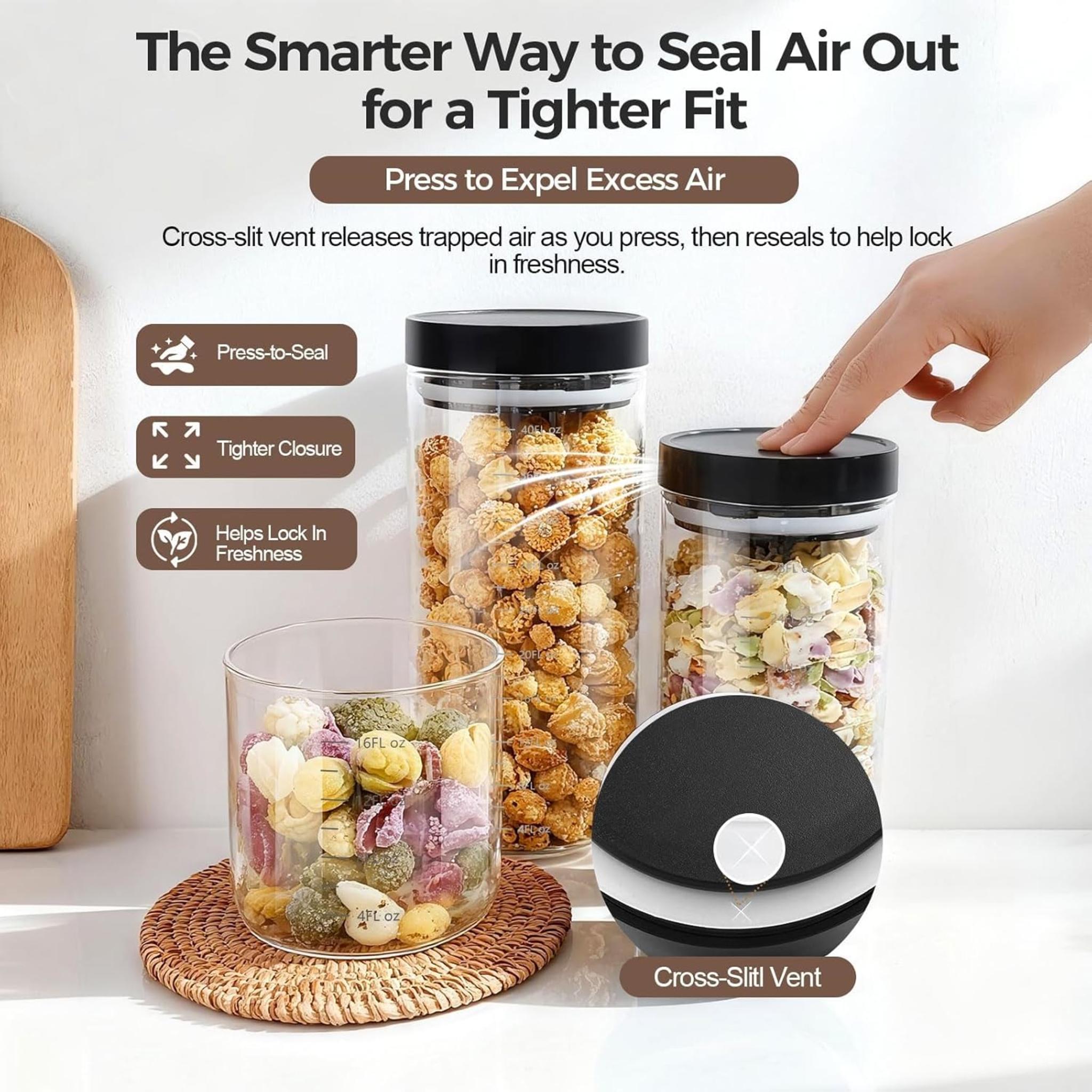 Set of 6 Airtight Glass Storage Canisters with Press-Seal Lids - 3mm Thick Borosilicate Jars for Pantry