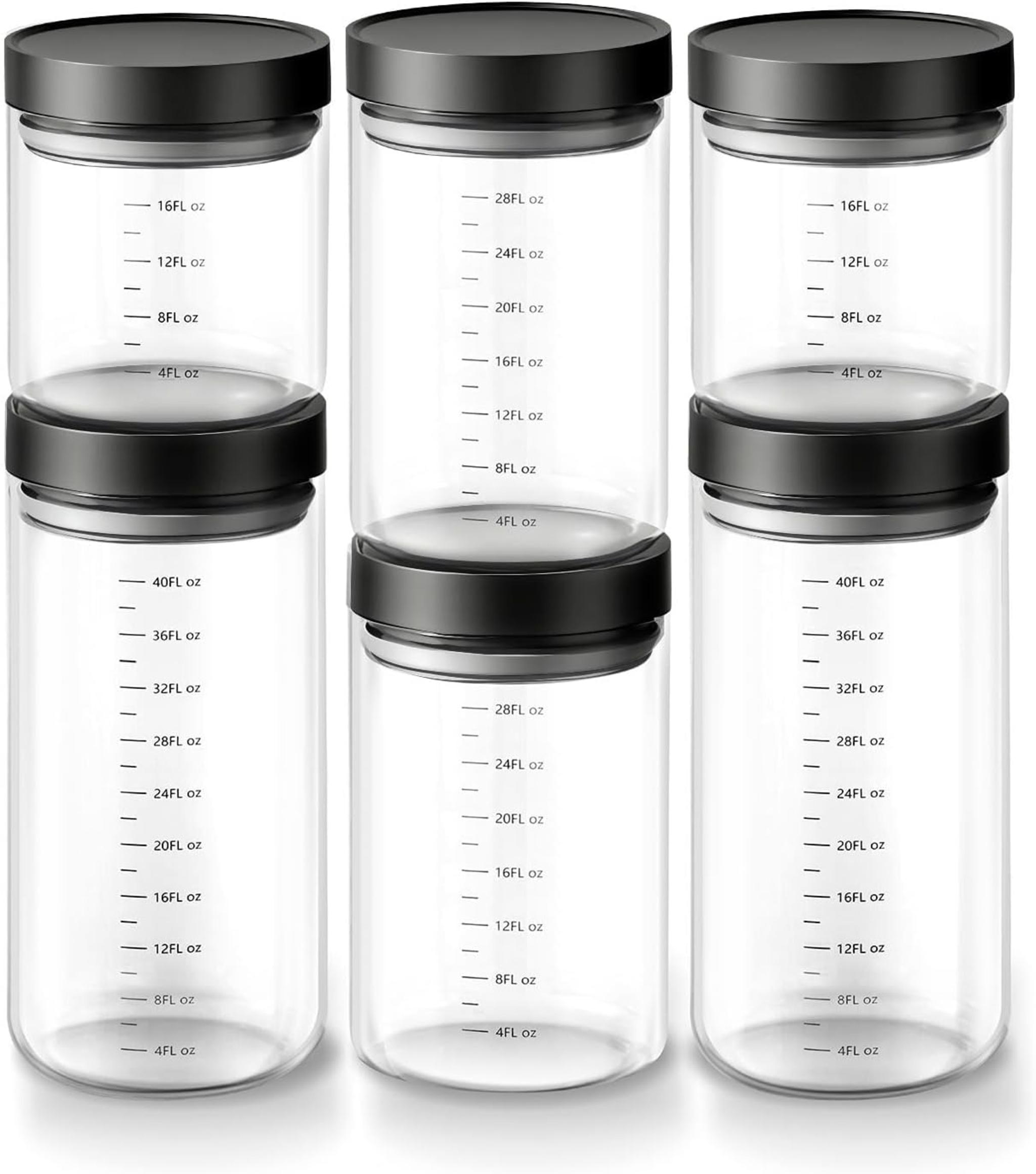 Set of 6 Airtight Glass Storage Canisters with Press-Seal Lids - 3mm Thick Borosilicate Jars for Pantry