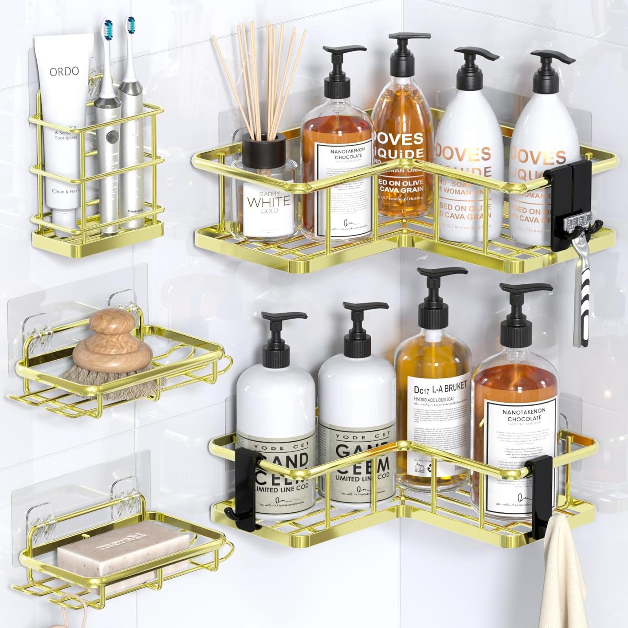 5-Pack Corner Shower Caddy Organizer - Rustproof Stainless Steel Shelves with Soap Holder & Hooks