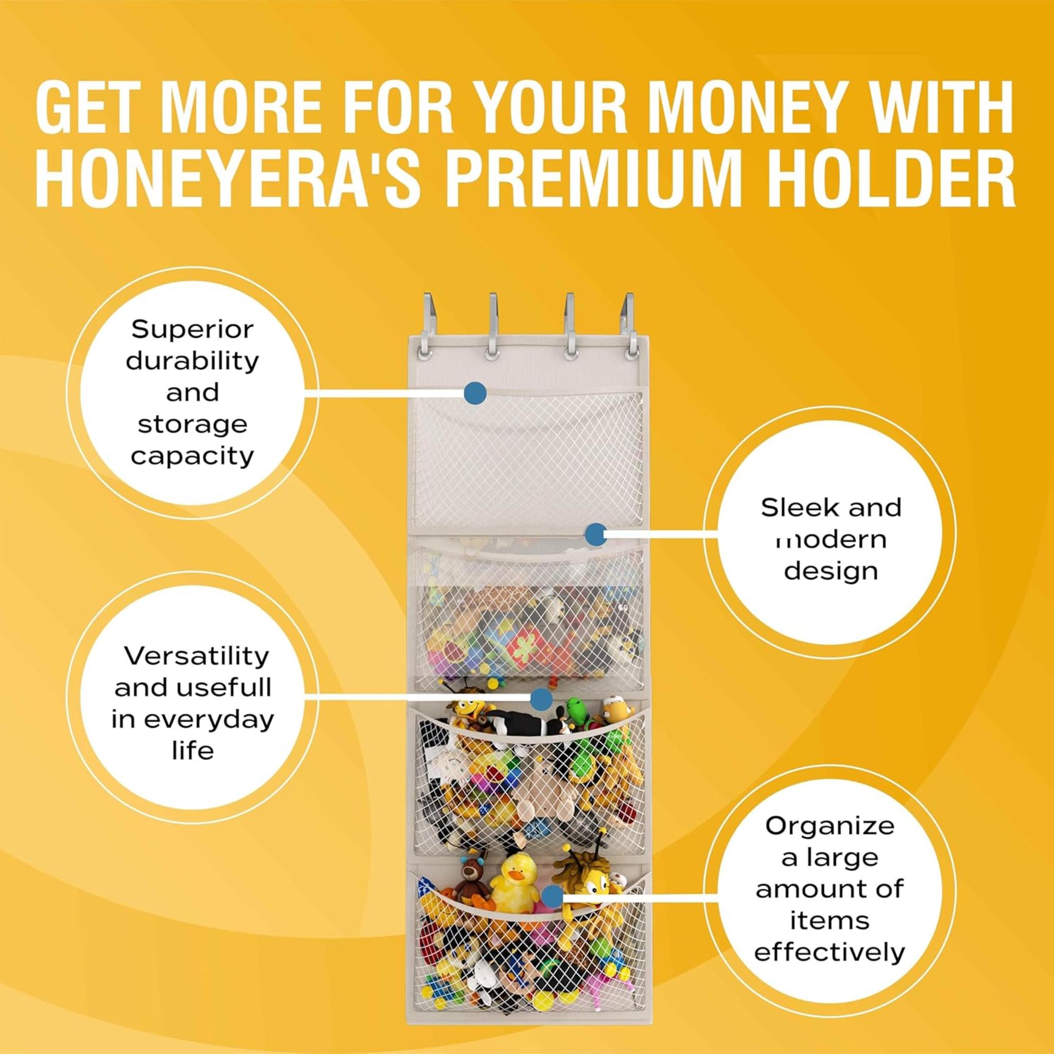 Over the Door Stuffed Animal Storage Organizer with 4 Large Mesh Pockets for Plush Toys