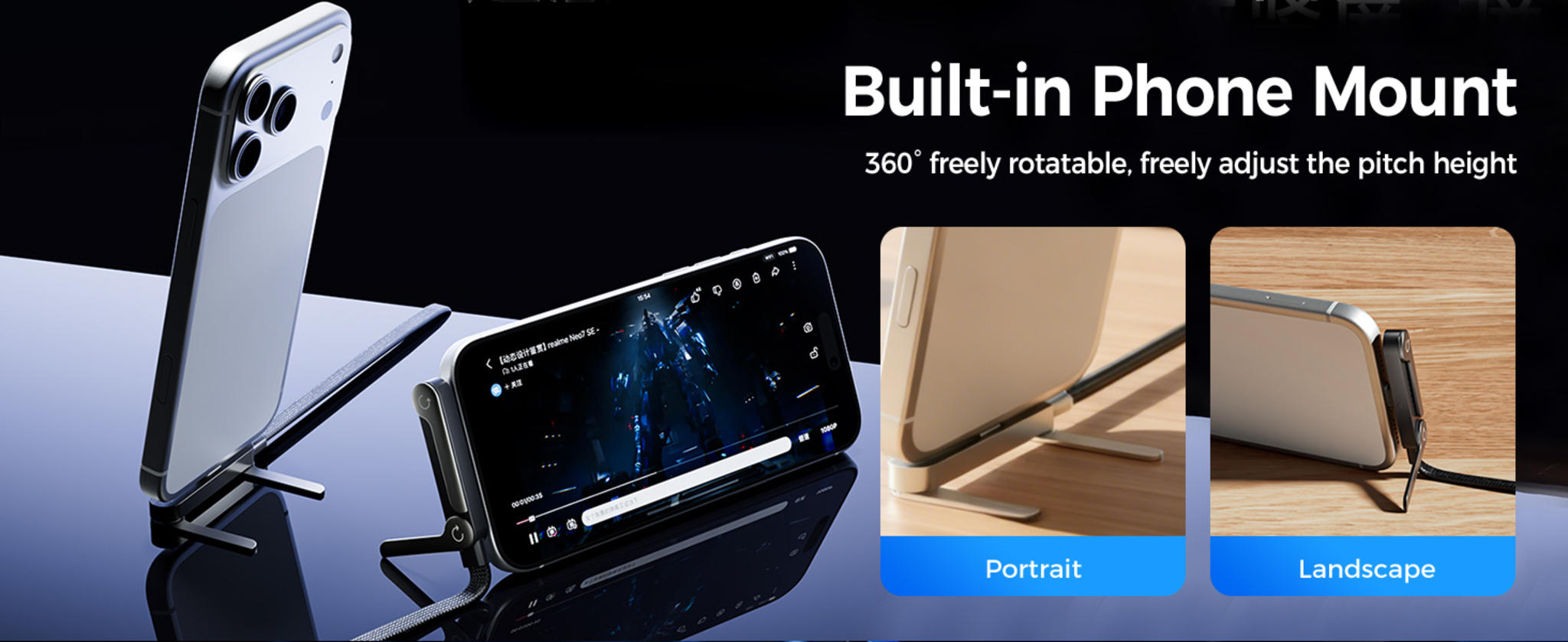 240W USB-C to USB-C Fast Charging Cable with Built-in 360° Rotating Phone Stand image 9