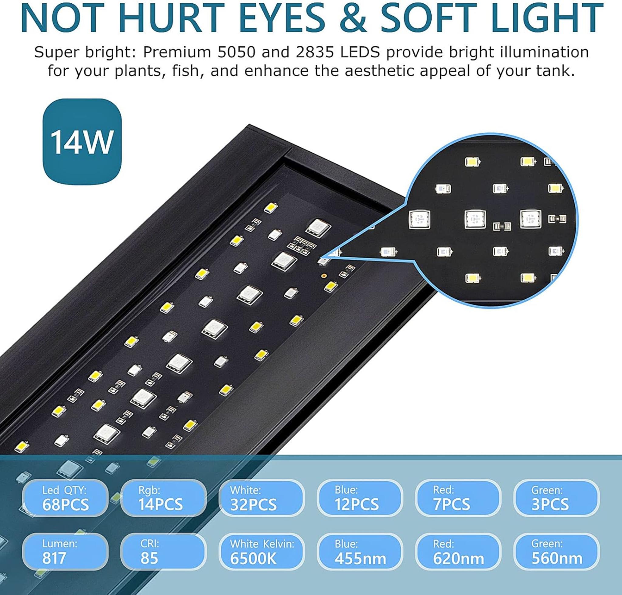 Clip-On 24/7 Aquarium LED Light with Sunrise-Daylight-Moonlight Modes & DIY Timer for Planted Tanks