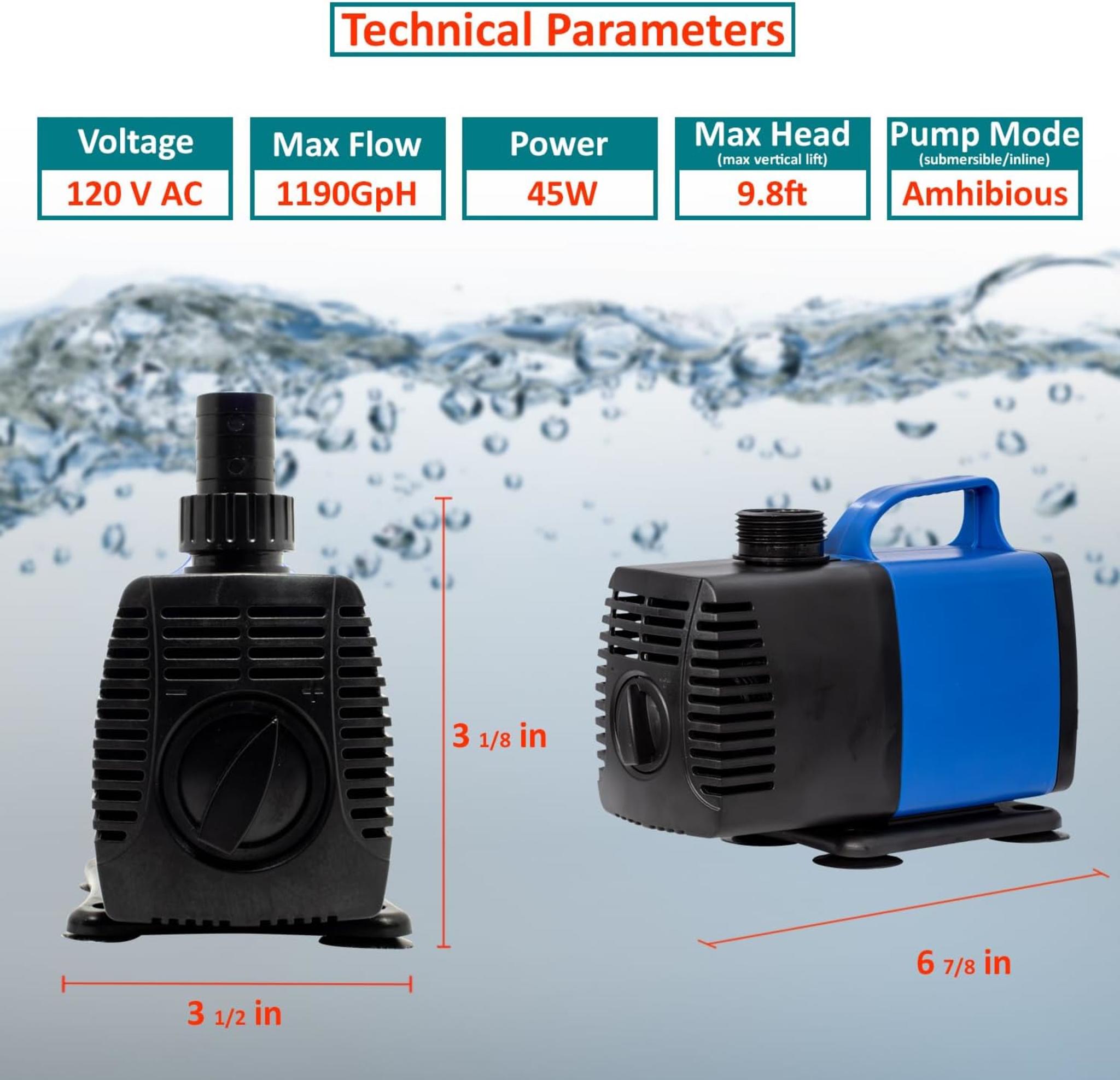 1190 GPH Submersible Water Pump - Ultra Quiet Amphibious Pump for Ponds & Aquariums