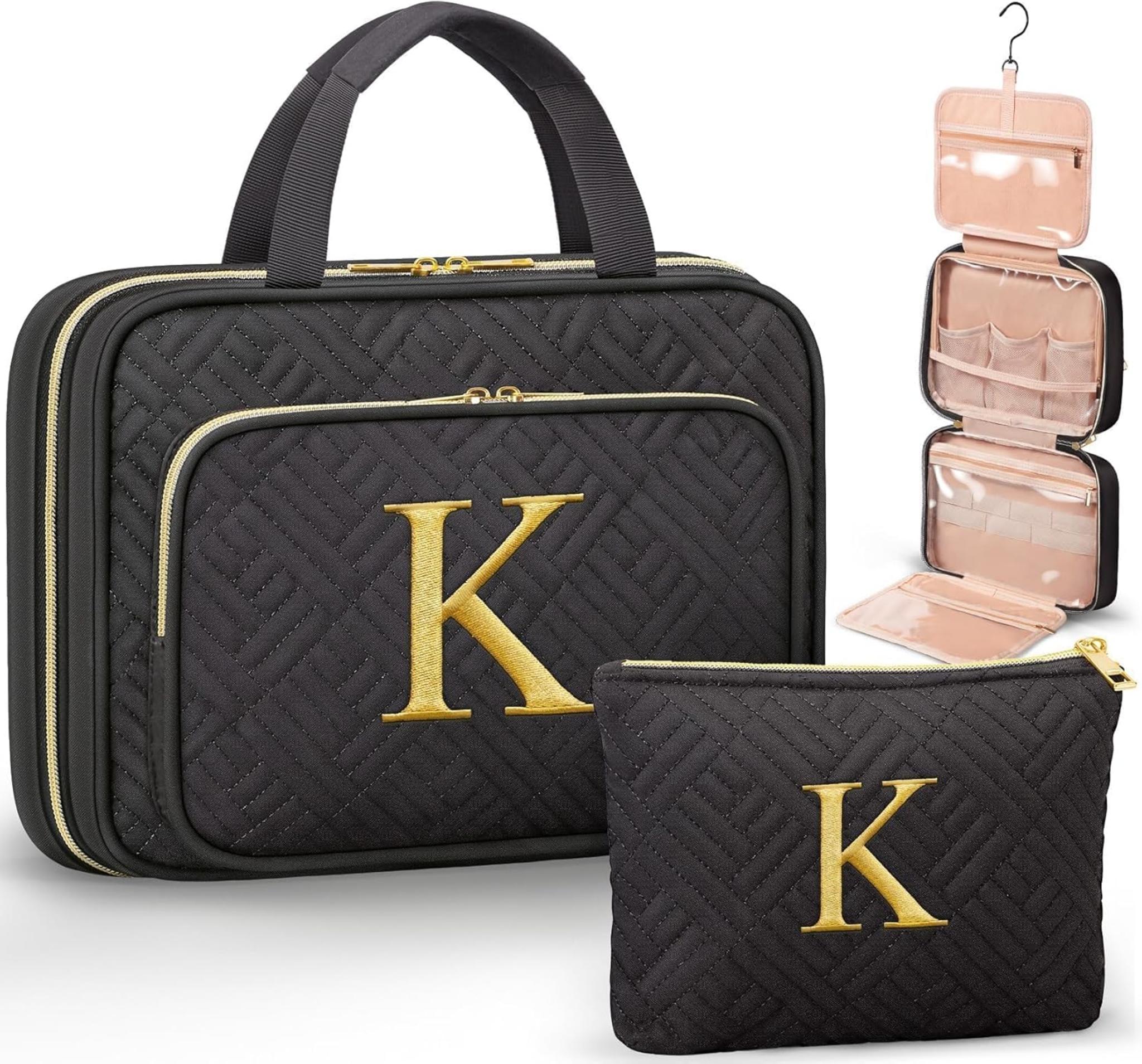 Personalized Initial Toiletry Bag & Makeup Bag Set, Hanging Travel Organizer with Embroidery