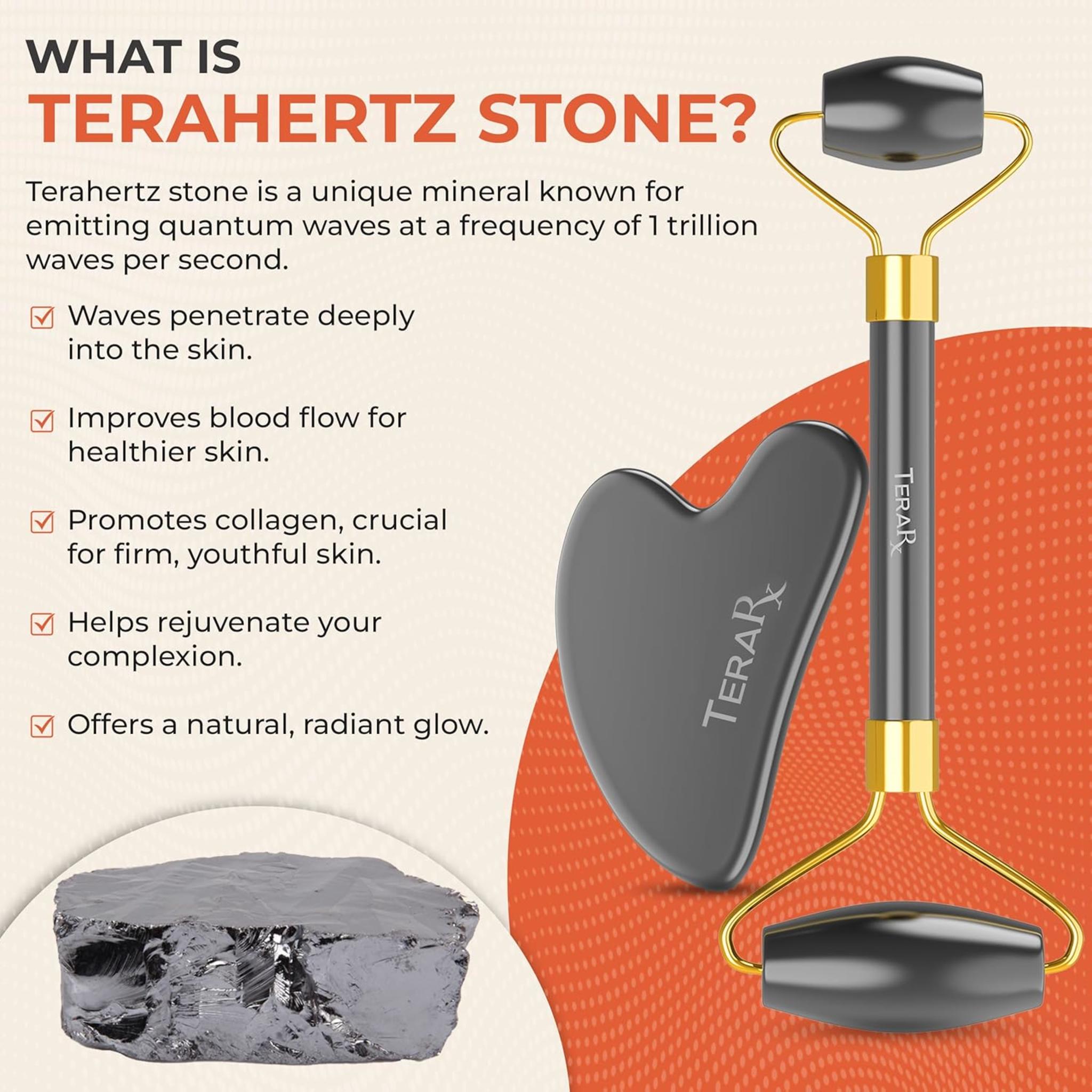 Terahertz Gua Sha & Facial Roller Set - 100% Authentic Stone for Puffiness & Wrinkle Reduction