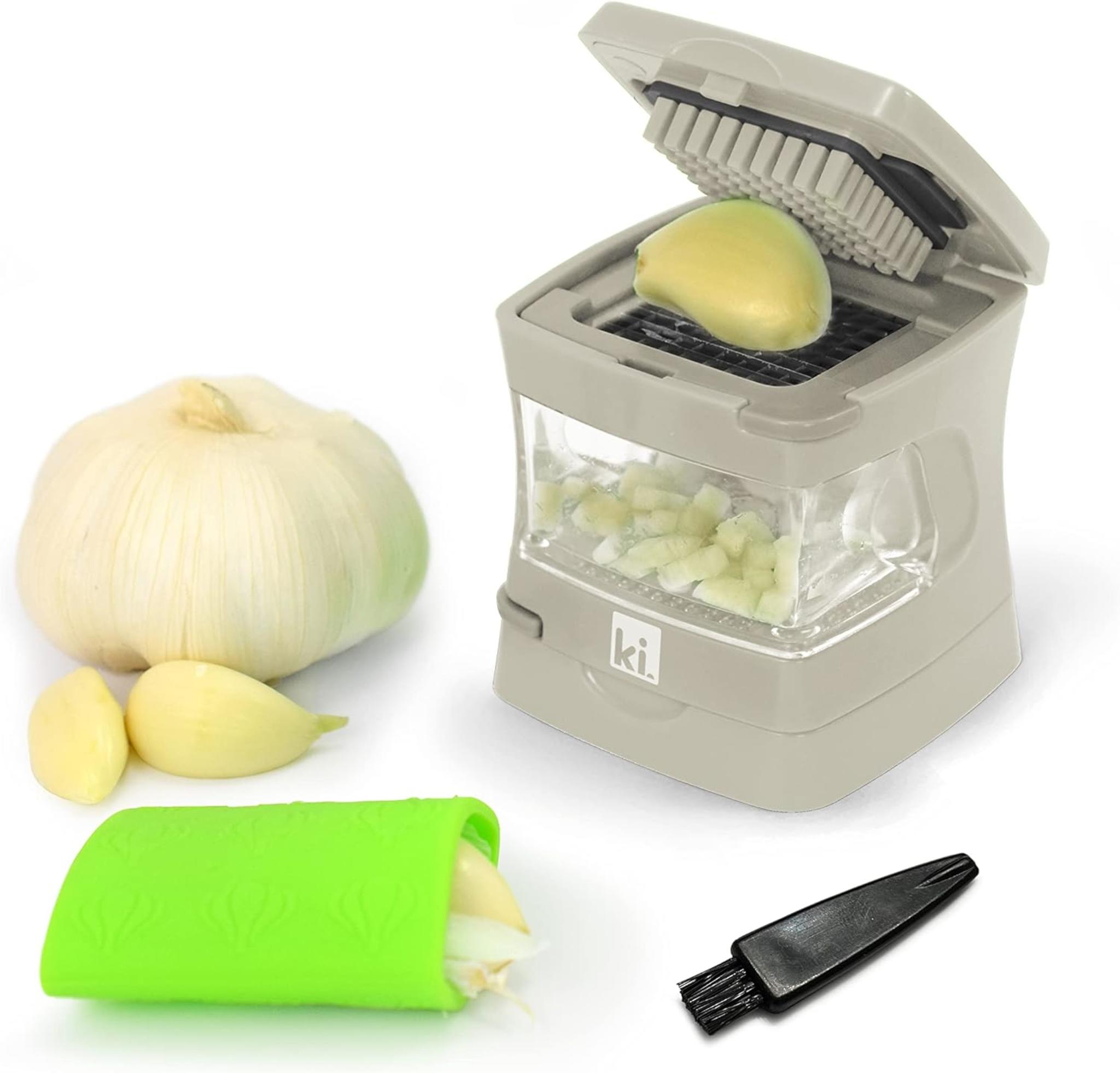 4-in-1 Garlic Press, Slicer, Dicer and Mincer with Silicone Peeler and Storage Container