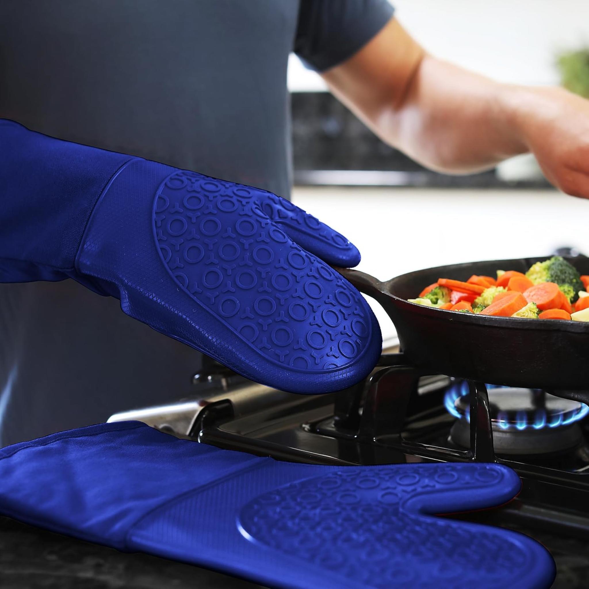 BPA-Free Silicone Oven Mitts - 13.7" Extra Long Heat Resistant Gloves with Quilted Cotton Lining