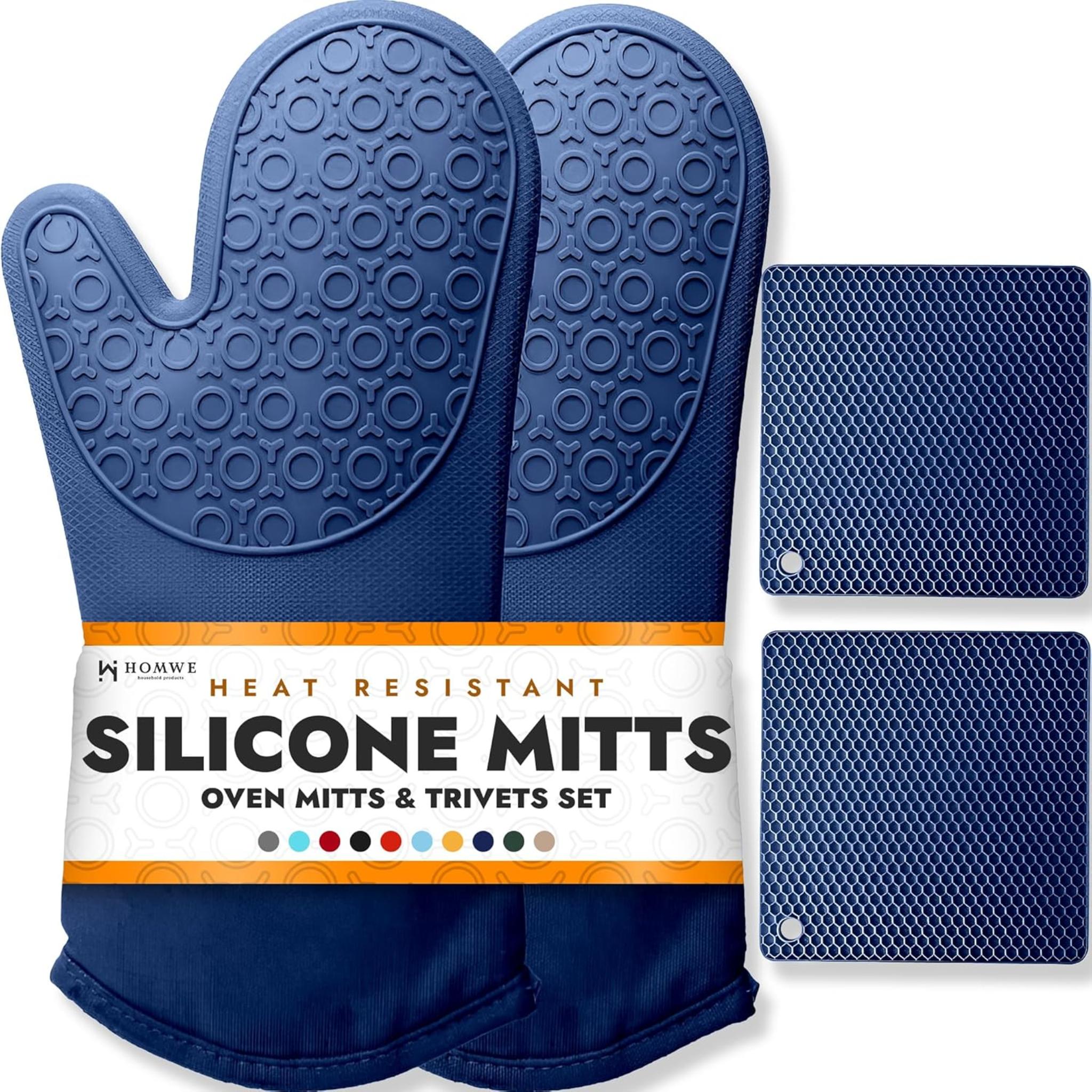 Extra Long Silicone Oven Mitts and Trivets Set - Heat Resistant to 450°F with Quilted Cotton Lining