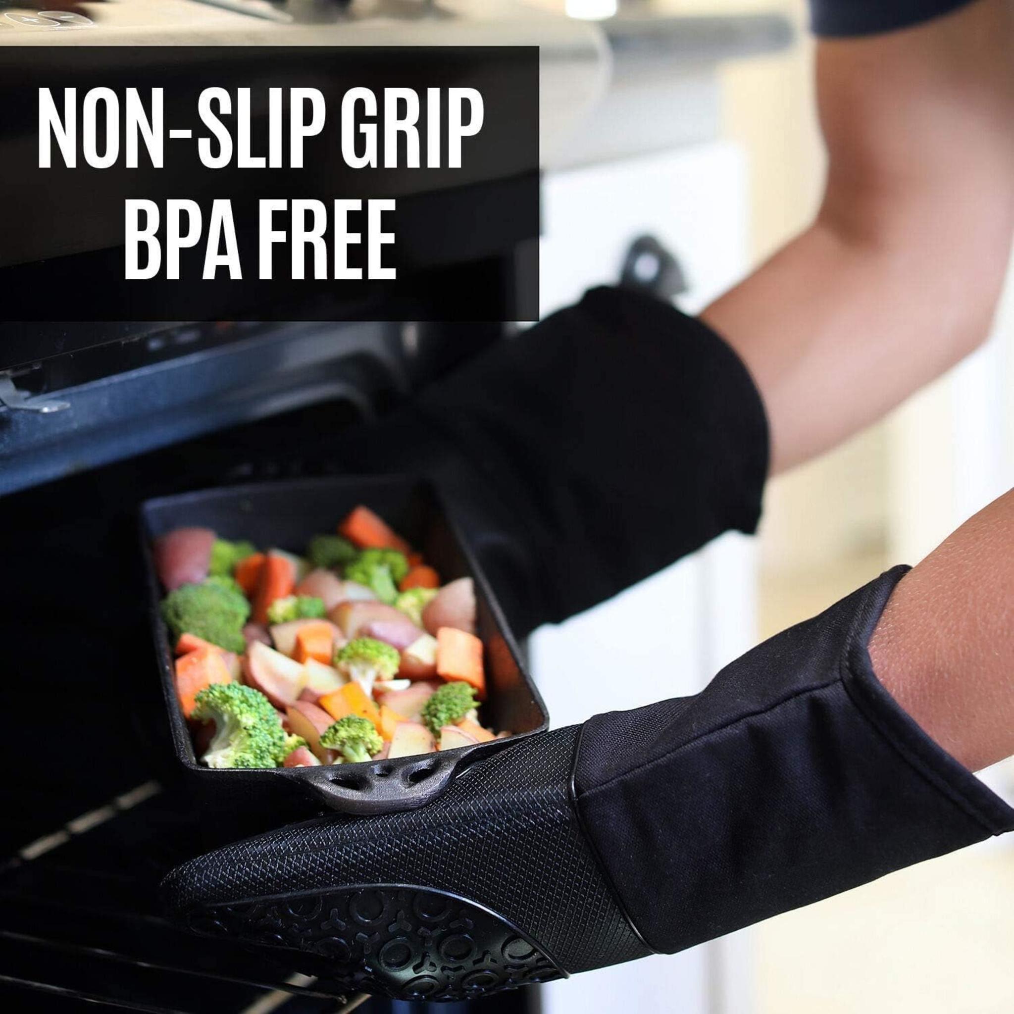 Extra Long Silicone Oven Mitts and Trivets Set - Heat Resistant to 450°F with Quilted Cotton Lining