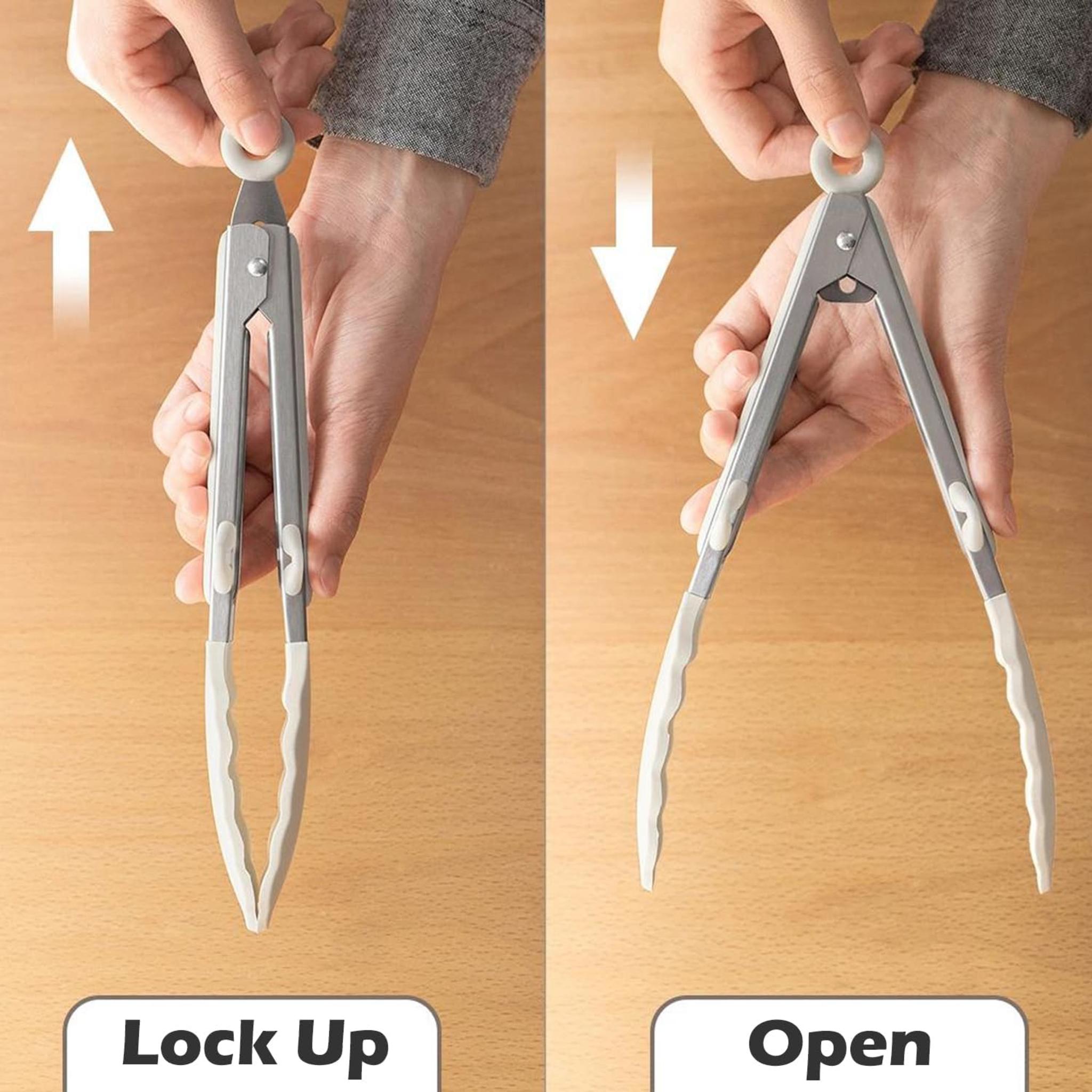 3-Piece 9-Inch Kitchen Tongs Set with Silicone Tips, Built-in Stand and Locking Mechanism