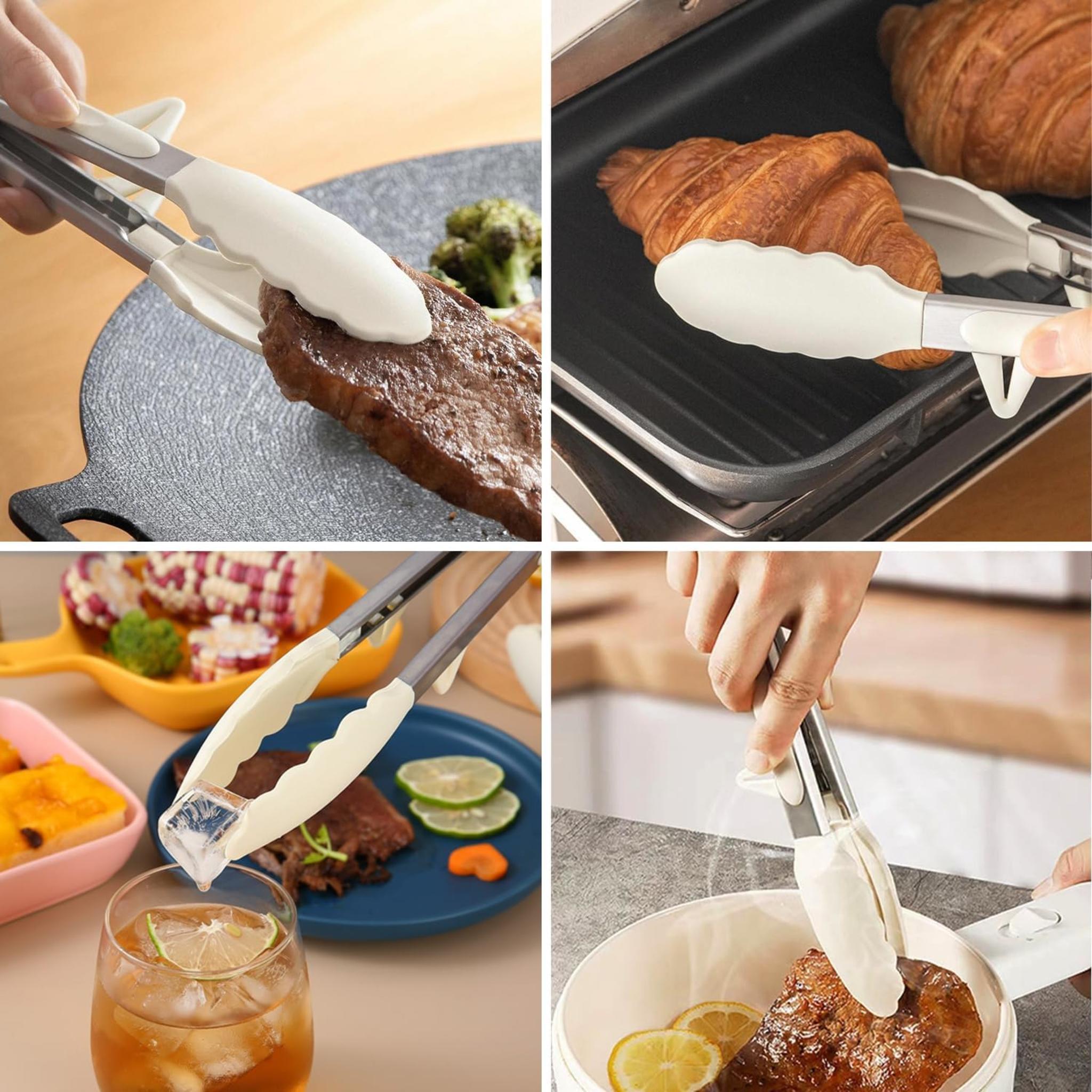 3-Piece 9-Inch Kitchen Tongs Set with Silicone Tips, Built-in Stand and Locking Mechanism