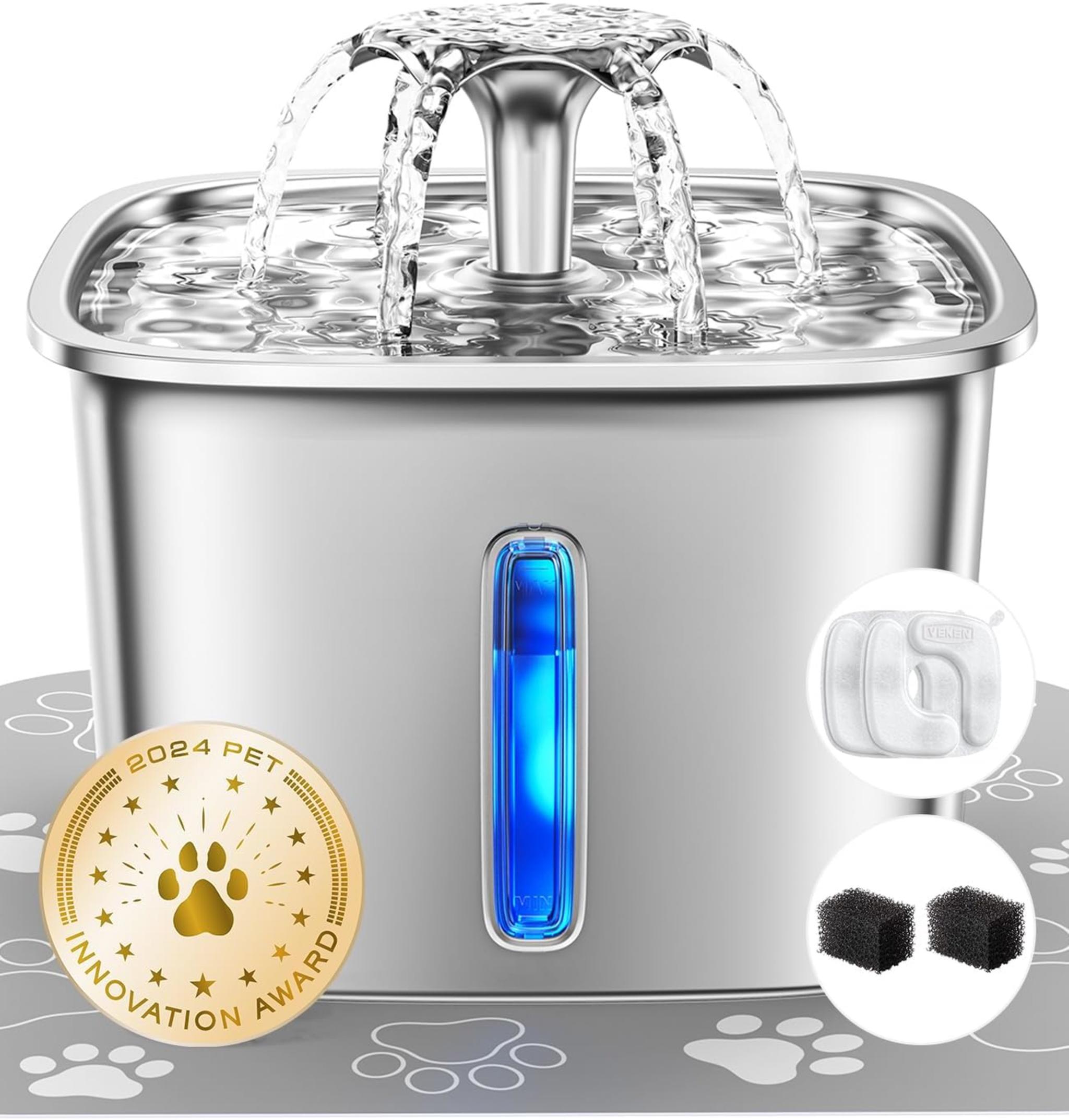 Stainless Steel Cat Water Fountain - 95oz/2.8L Automatic Pet Dispenser with Filters & Mat