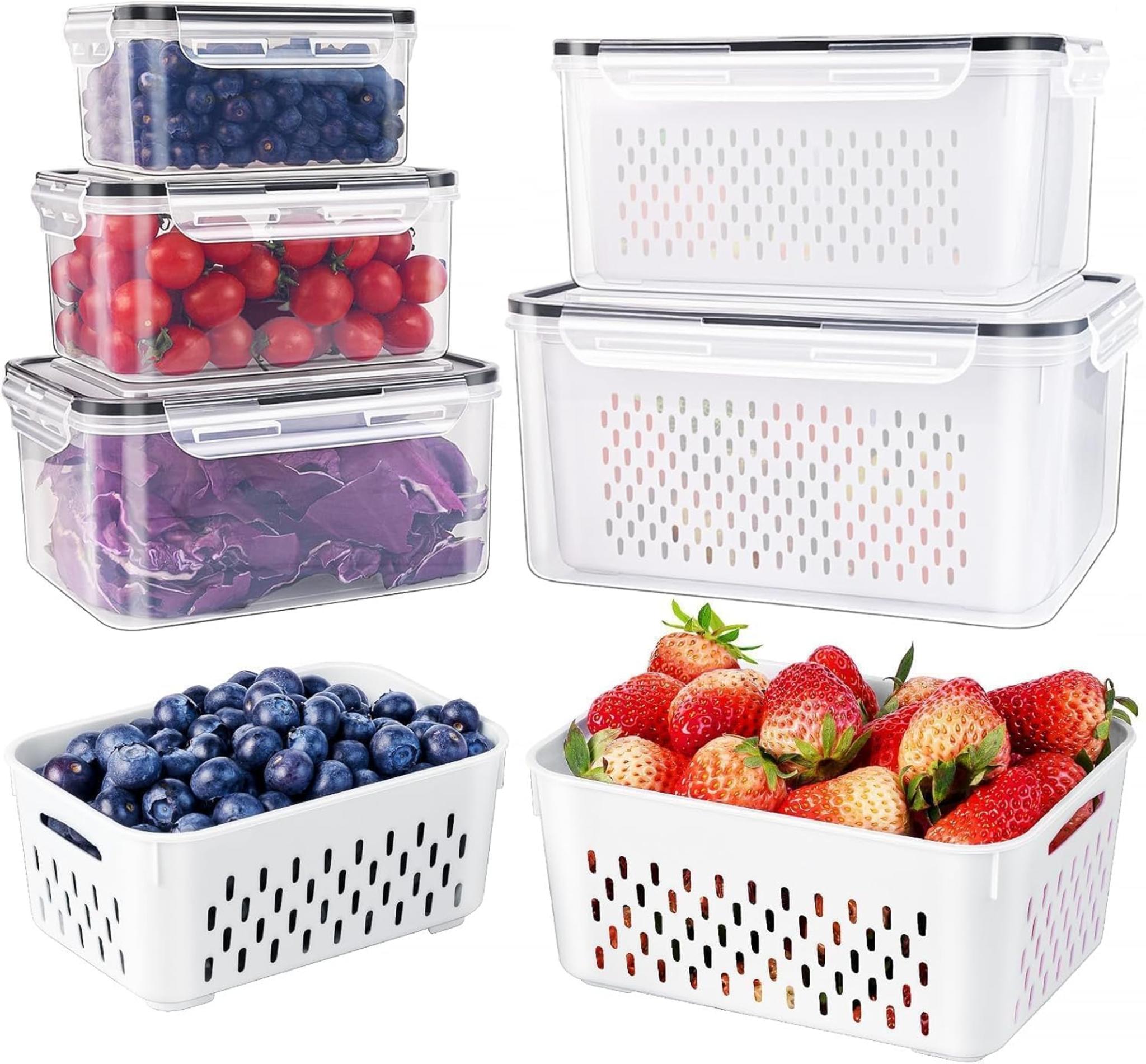 5-Pack Leakproof Fruit Containers for Fridge with Removable Colanders, BPA-Free Produce Savers