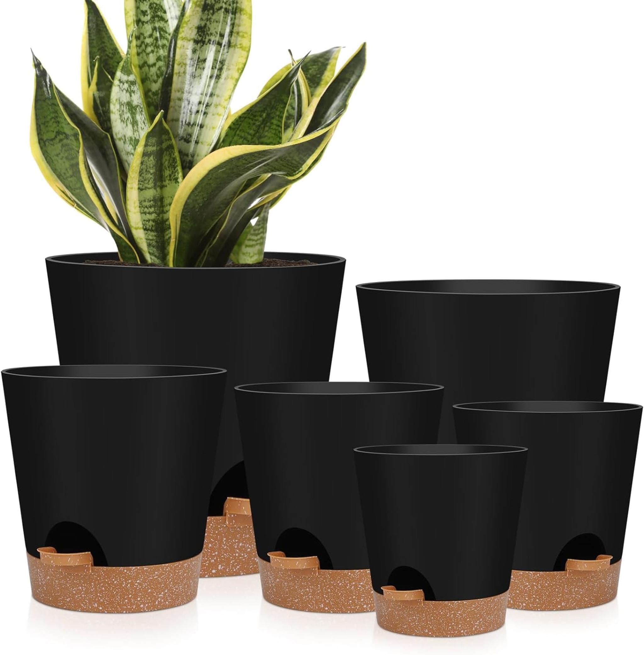 Indoor Self Watering Planters with Drainage Holes and Saucers, Set of 6 (5-8 Inch)