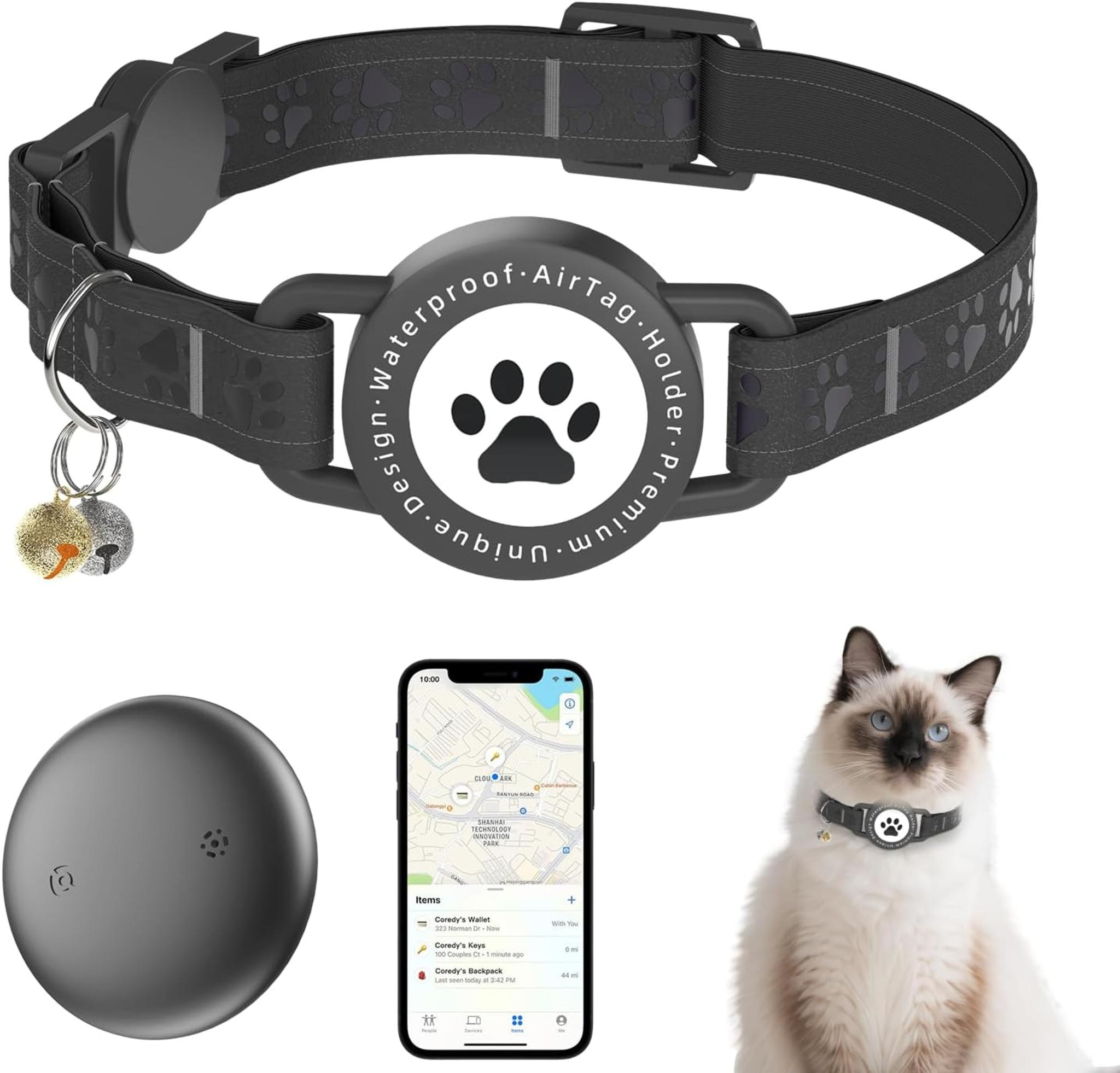 Waterproof GPS Cat Tracker Collar, Apple Find My Compatible, Reflective Breakaway Safety Collar (Black)