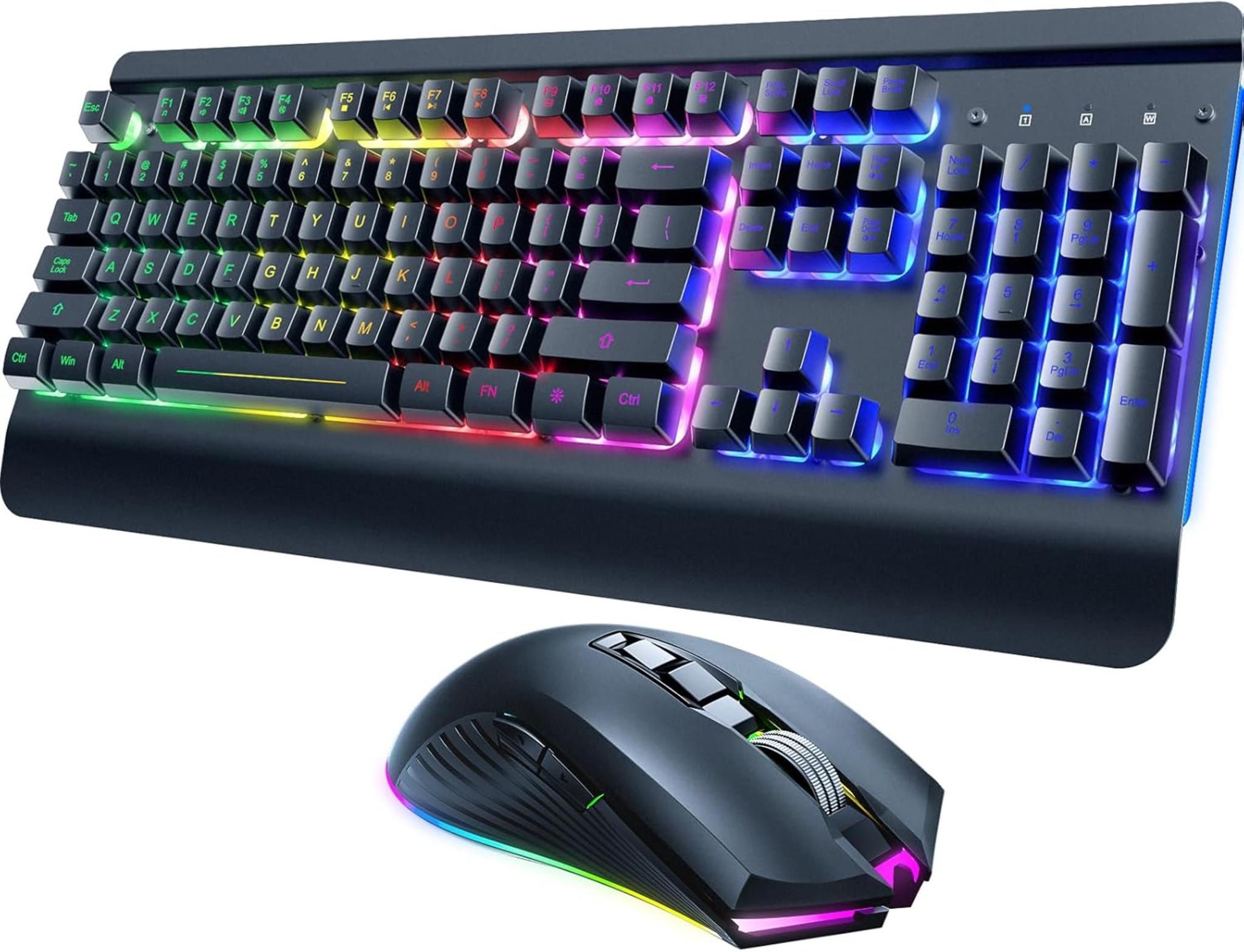 Wireless Gaming Keyboard and Mouse Combo, Metal Panel, 7-Color Backlit, Rechargeable Battery