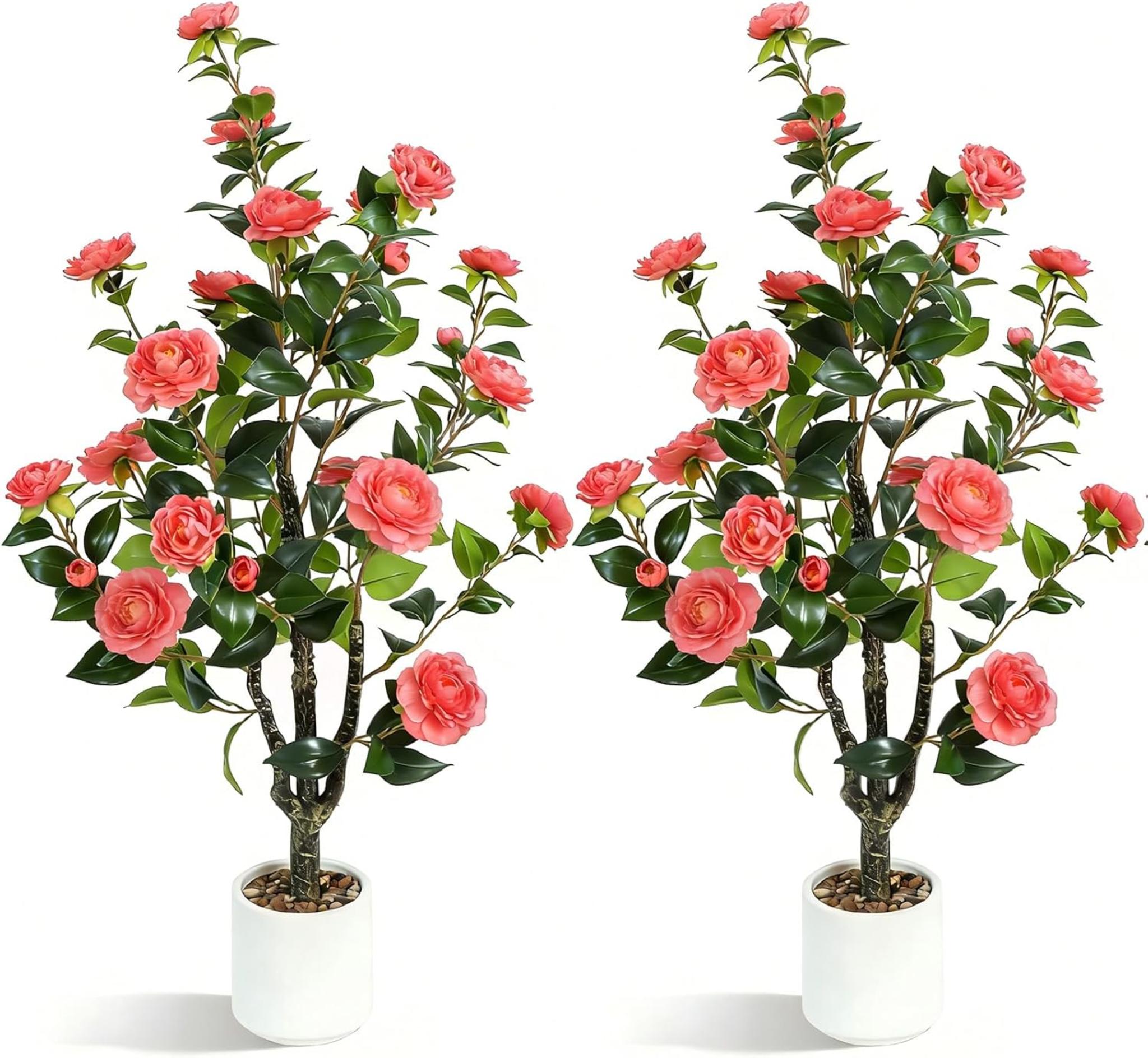 2-Pack Artificial Camellia Trees, 40'' Tall Fake Potted Plants with 30 Lifelike Pink Flowers