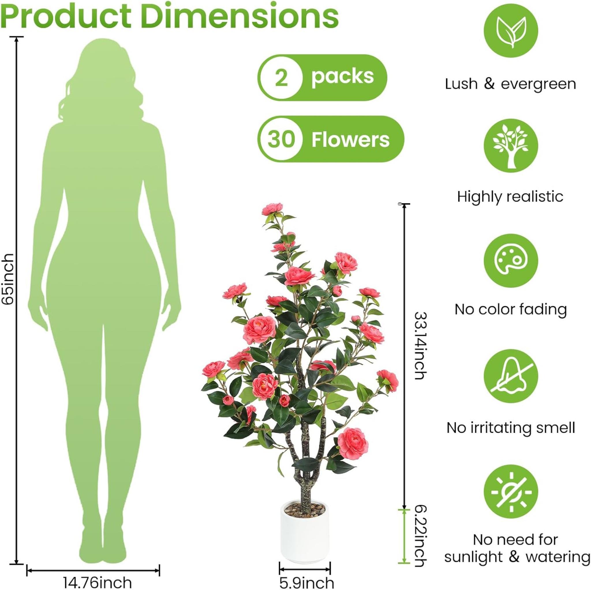 2-Pack Artificial Camellia Trees, 40'' Tall Fake Potted Plants with 30 Lifelike Pink Flowers