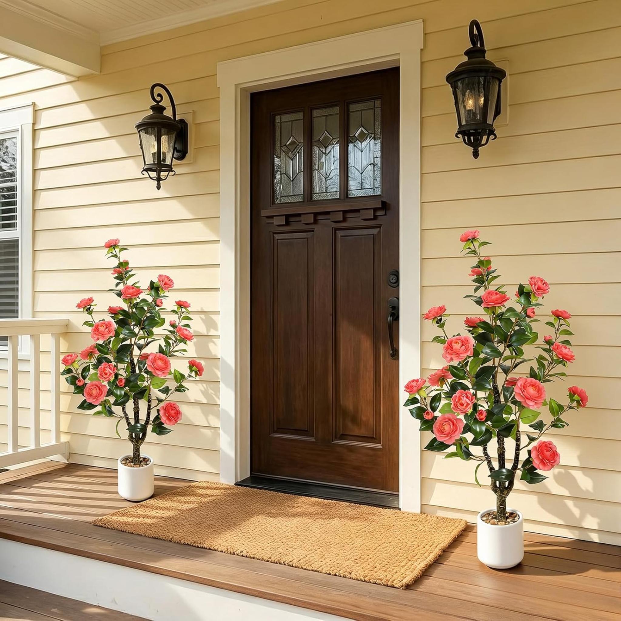 2-Pack Artificial Camellia Trees, 40'' Tall Fake Potted Plants with 30 Lifelike Pink Flowers