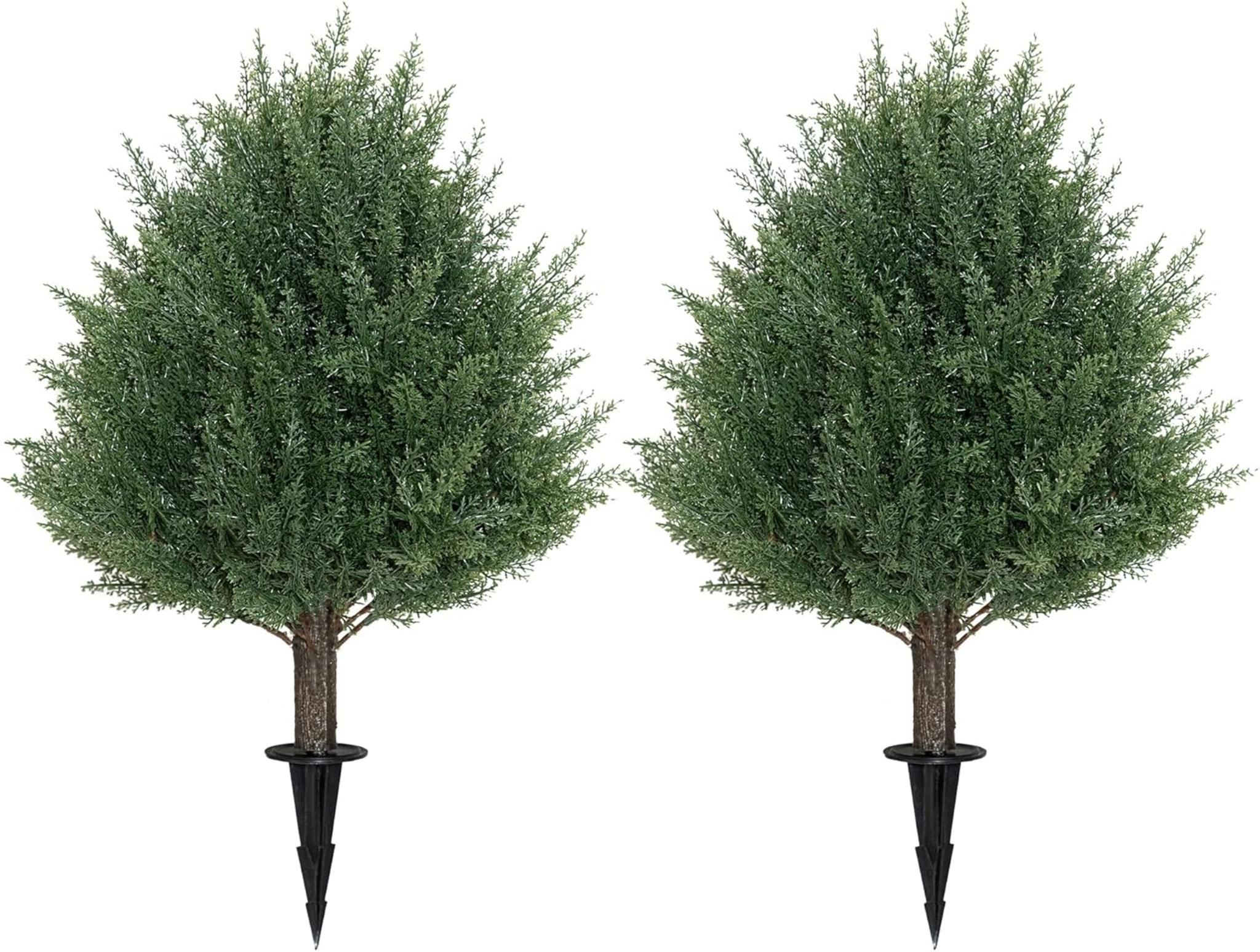 21" Artificial Cedar Topiary Ball Trees with Ground Spikes, UV Resistant Faux Shrubs (2 Pack)