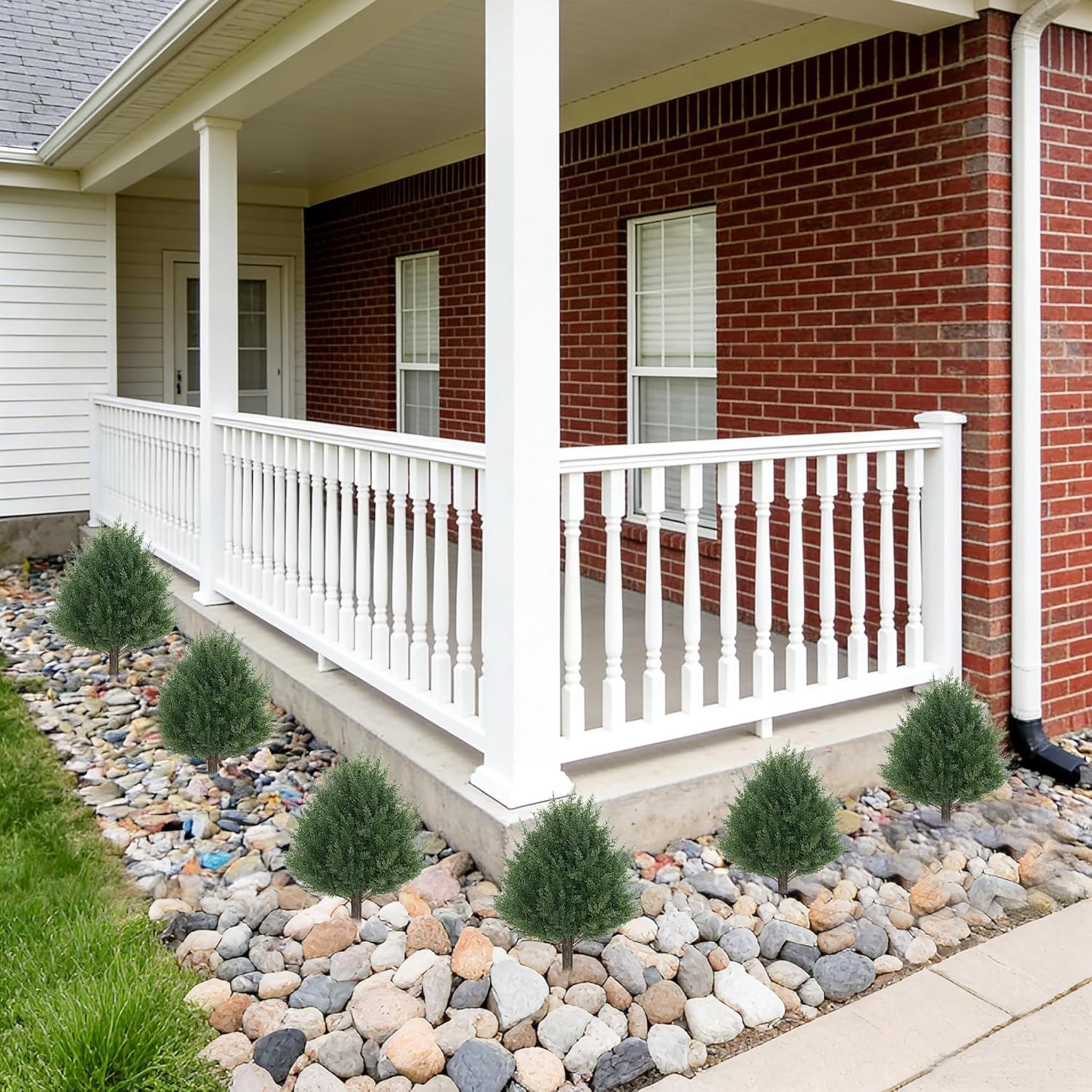 21" Artificial Cedar Topiary Ball Trees with Ground Spikes, UV Resistant Faux Shrubs (2 Pack)