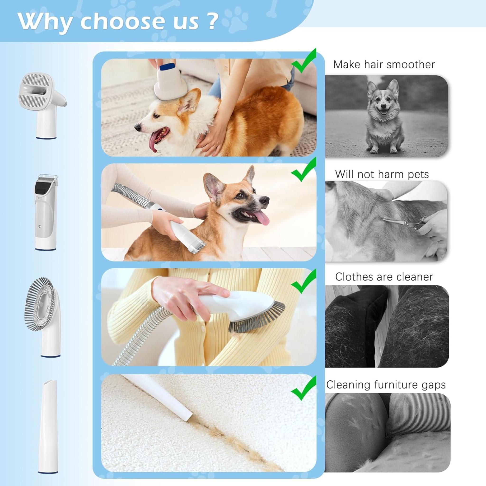 5-in-1 Pet Grooming Vacuum Kit with 2.3L Large Dust Cup, Low Noise Dog Hair Suction for Shedding
