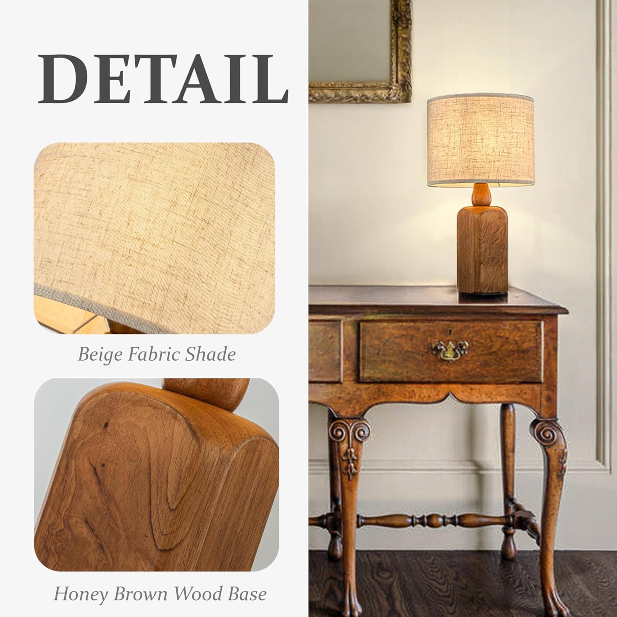 18" Farmhouse Table Lamp with Honey Wood Base and Beige Fabric Drum Shade