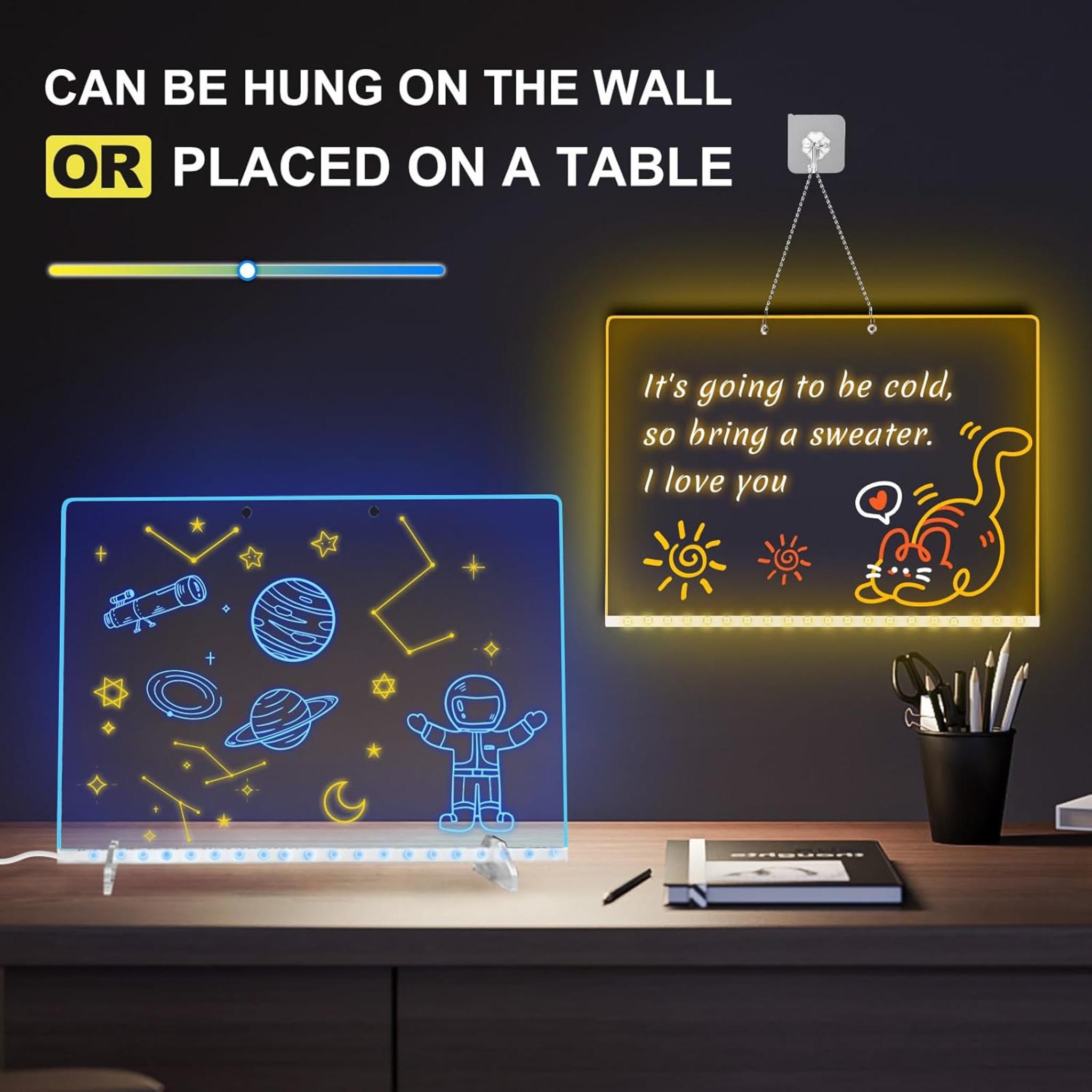 LED Note Board with 7 Colors, 13"x10" Light Up Dry Erase Drawing Board for Kids & Adults