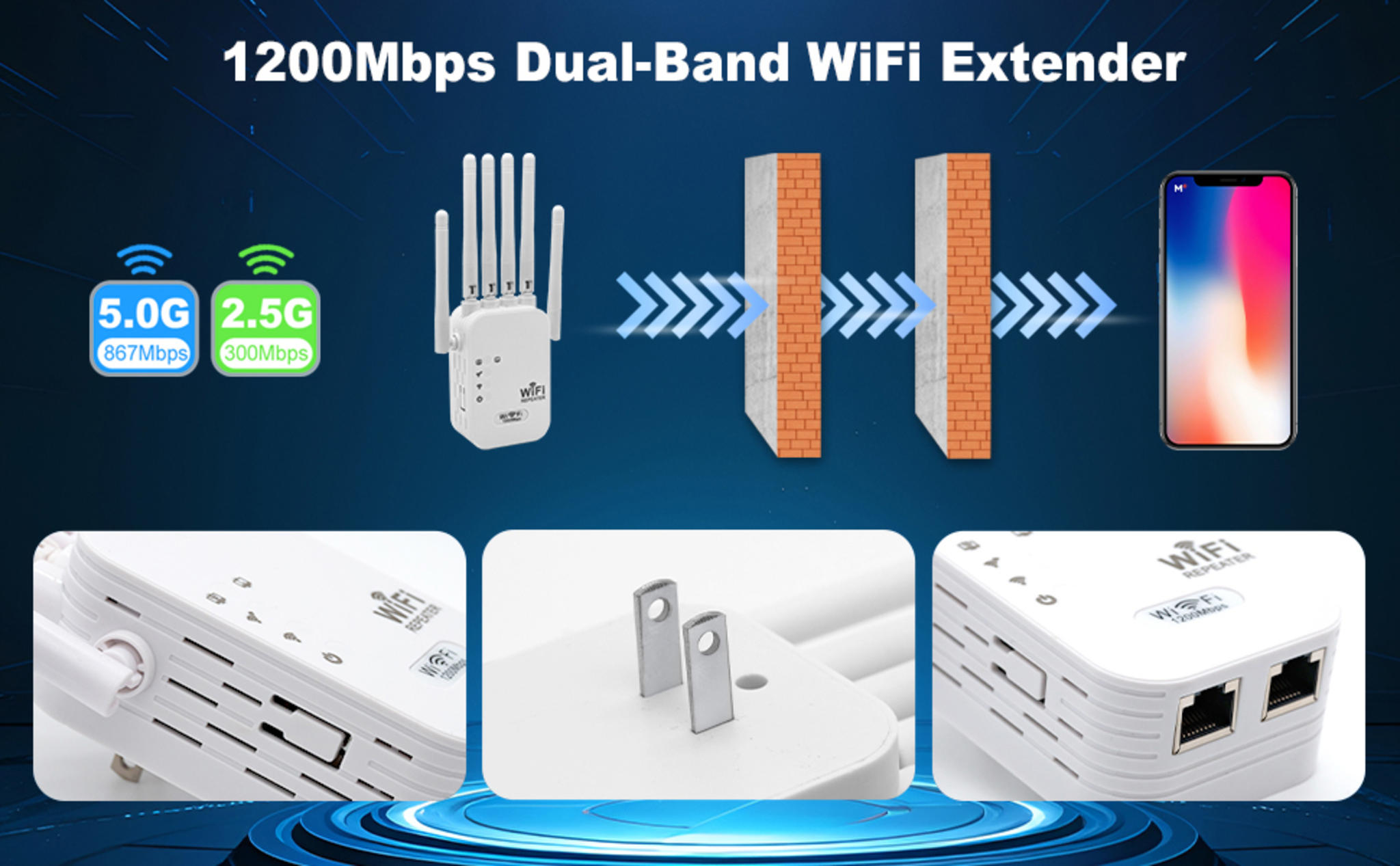 1200Mbps WiFi Extender Signal Booster - Dual Band 2.4/5GHz with Ethernet Port, Covers 9800 Sq.ft image 8