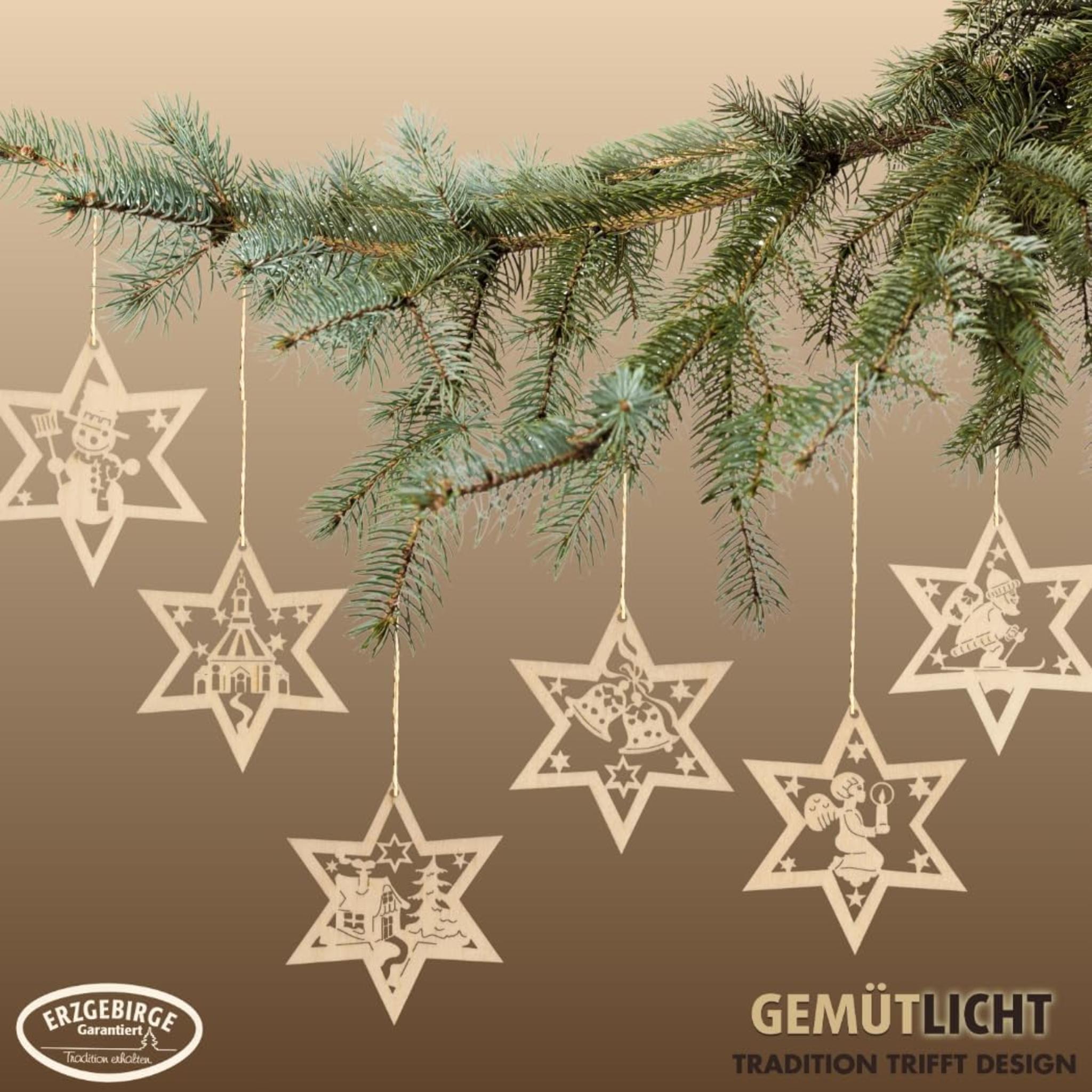 6-Piece Christmas Star Tree Decorations - Authentic Ore Mountains Wooden Ornaments