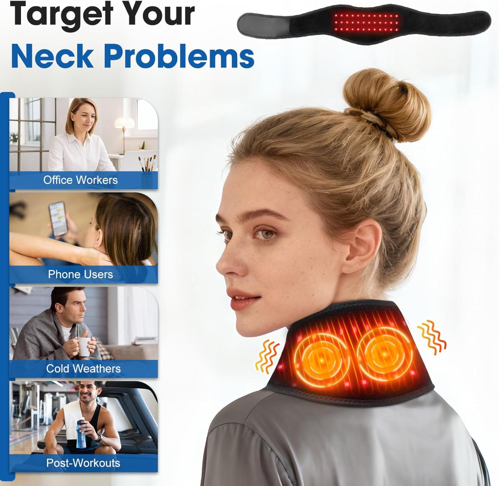 Cordless Neck Heating Pad with Red Light Therapy & Vibration, 3 Heat Levels for Pain Relief