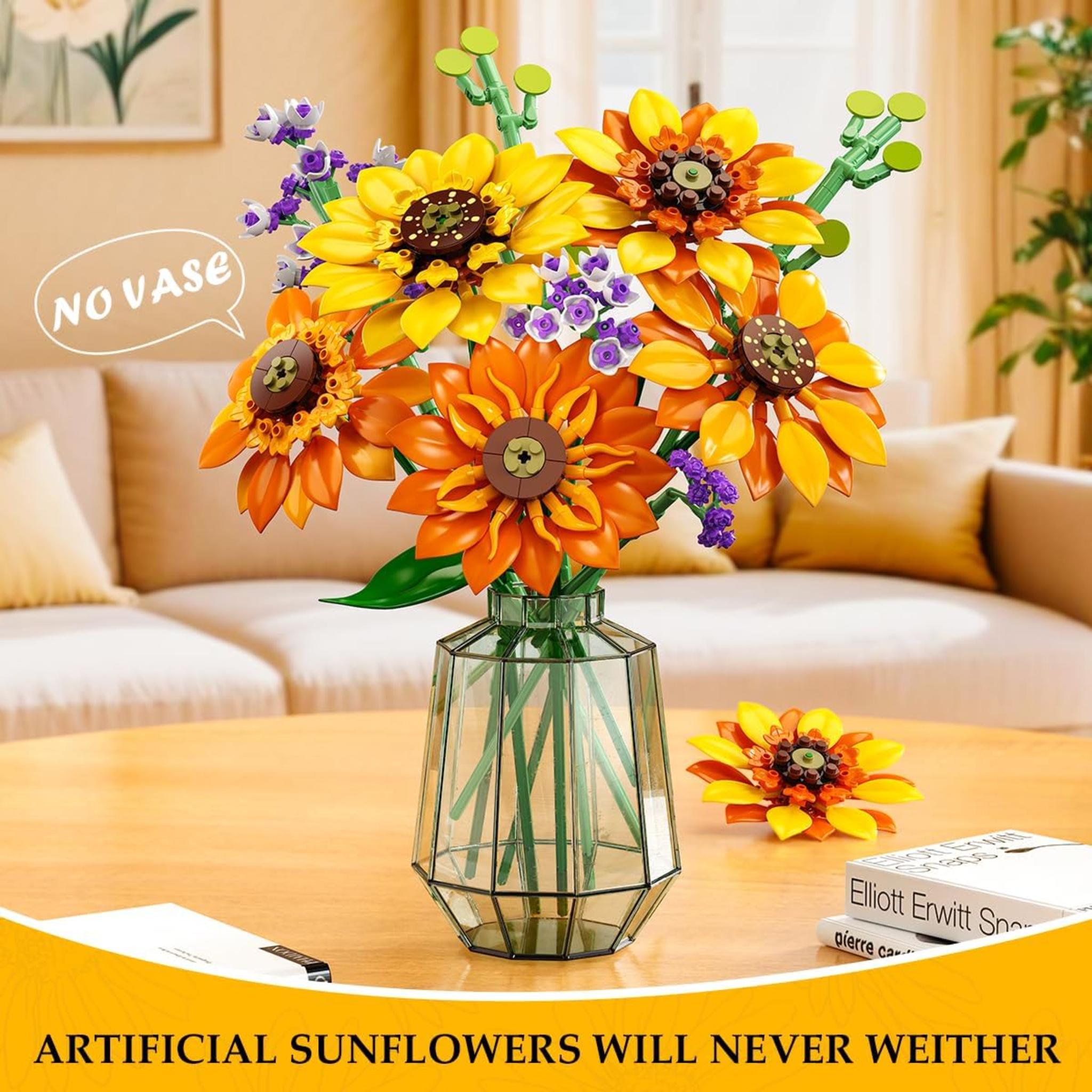 Sunflower Bouquet Building Set with LED Lights - 1011 Pcs Botanical Collection Artificial Flowers