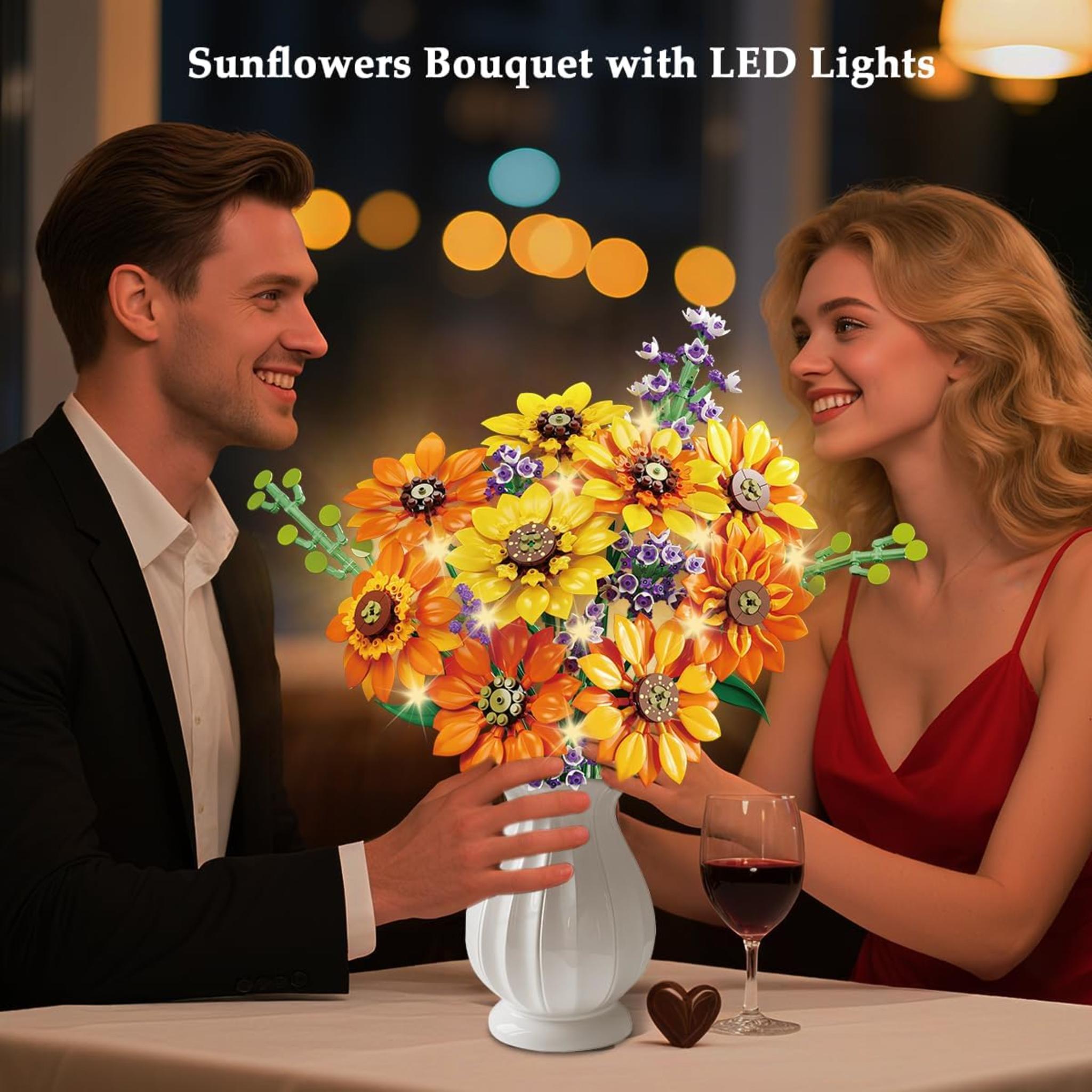 Sunflower Bouquet Building Set with LED Lights - 1011 Pcs Botanical Collection Artificial Flowers