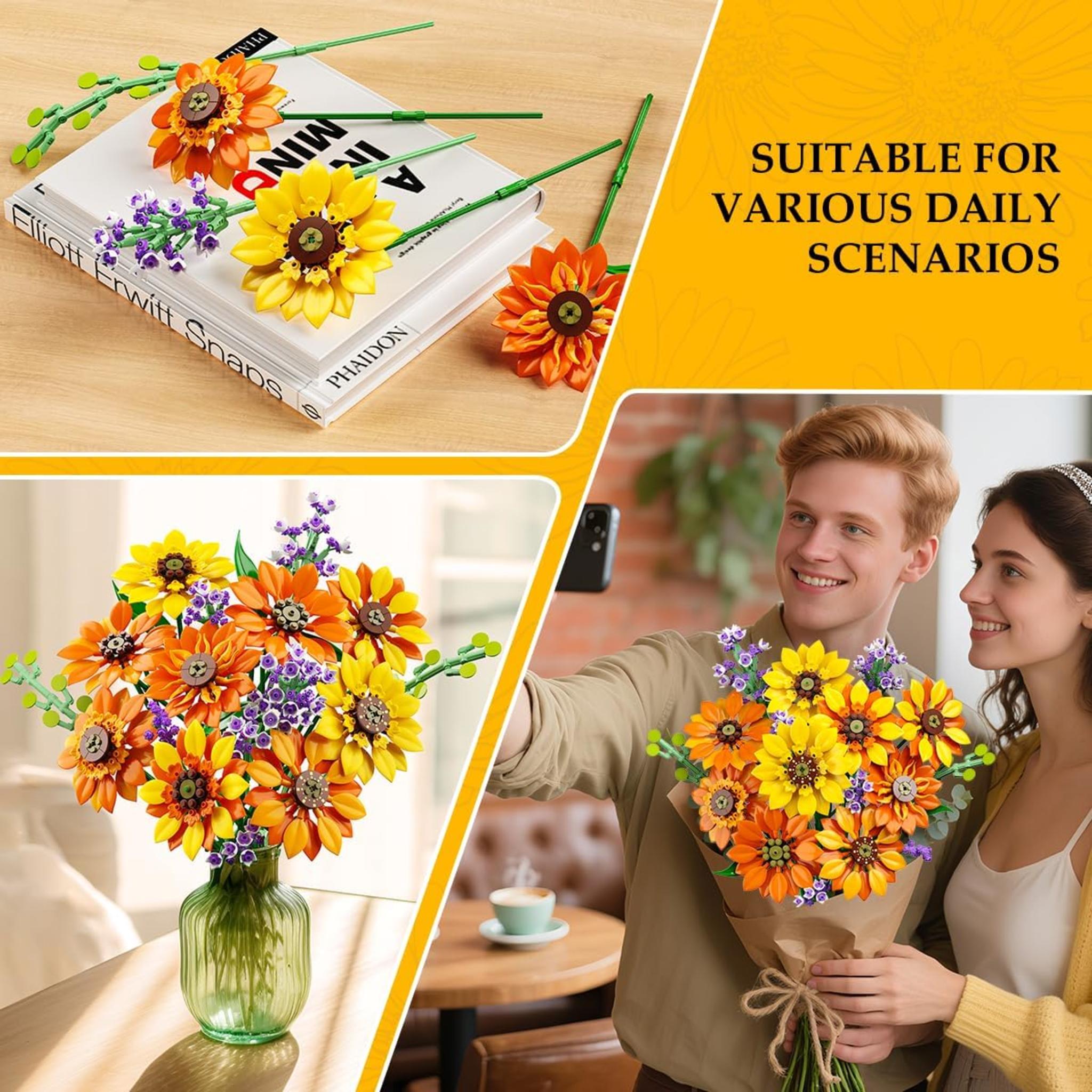 Sunflower Bouquet Building Set with LED Lights - 1011 Pcs Botanical Collection Artificial Flowers