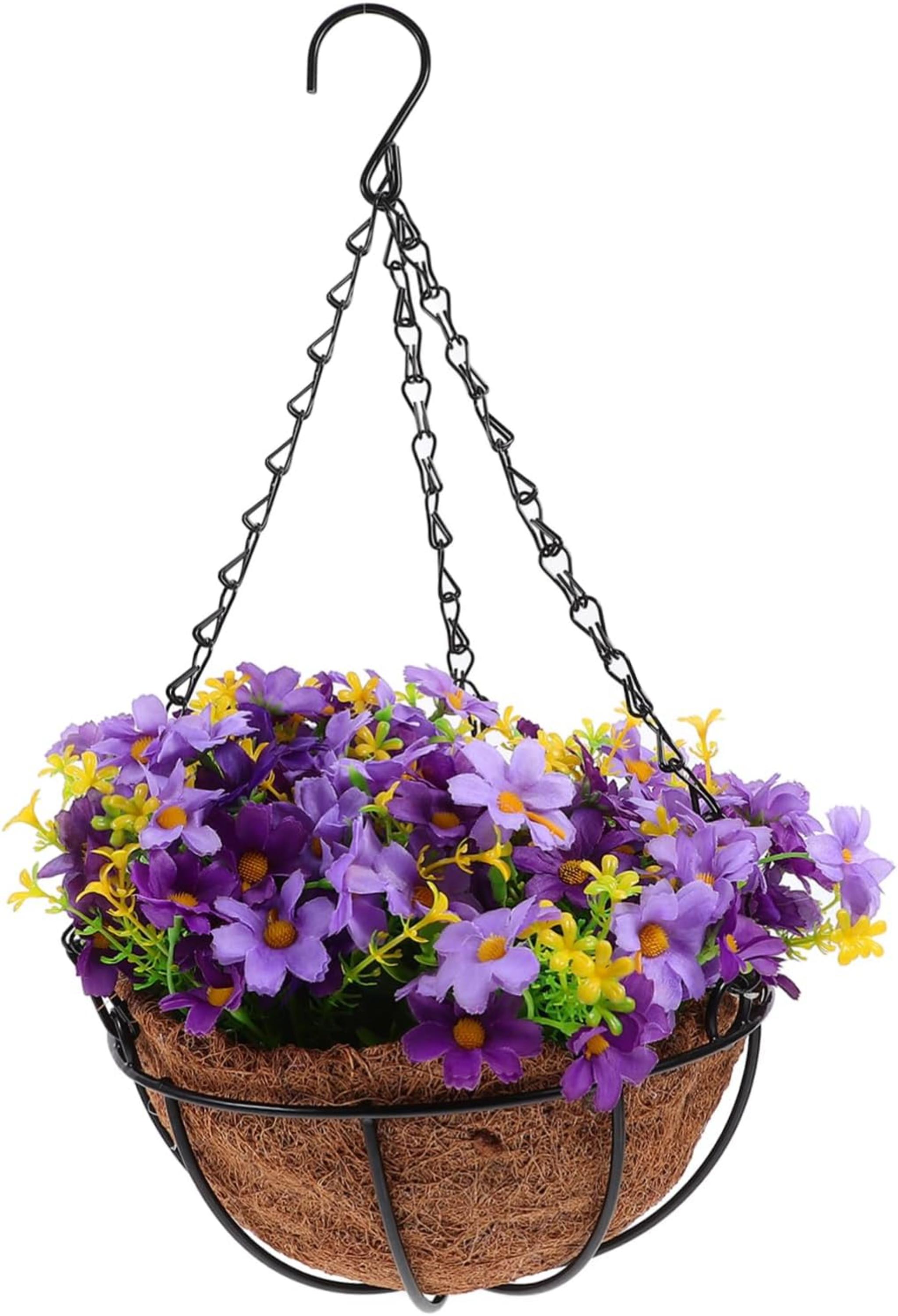 Outdoor Hanging Basket with Purple Artificial Flowers and Durable Iron Pot